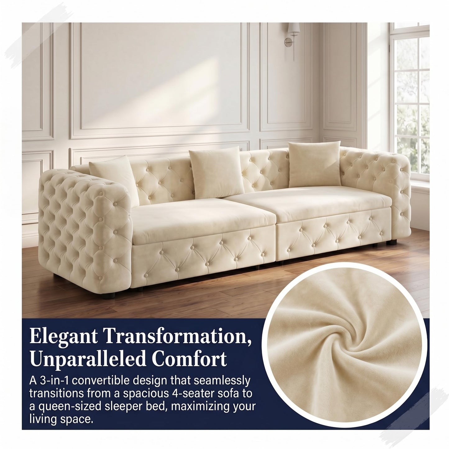 Trygoal 89" Extra Large Queen Size Sofa Bed, 3-in-1 4-Seater Oversized Velvet Sleeper Sofa Couch Bed with 3 Throw Pillows, Convertible Pull Out Couch for Living Room, Apartment, Guest Room, Beige