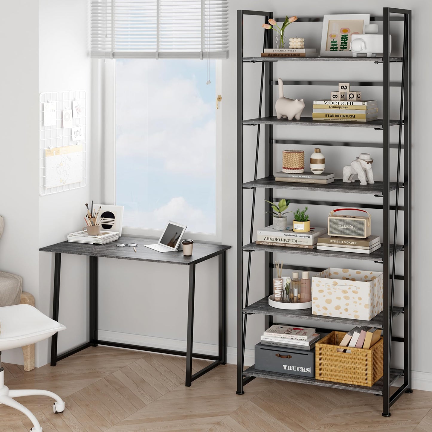 BHG Vintage Multifunctional Folding Bookshelf, No-Assembly Plant Stand Storage Rack Shelves for Home Office