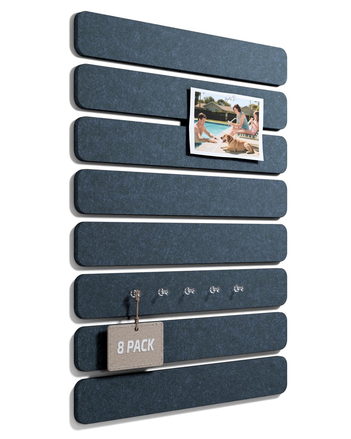 Fluxynara Cork Board Alternative Felt Strip Board 8-Pack 13"x2", Office Pin Board with 50 Push Pins, Adhesive Install for Bedroom Door & Home Office (Denim Blue)