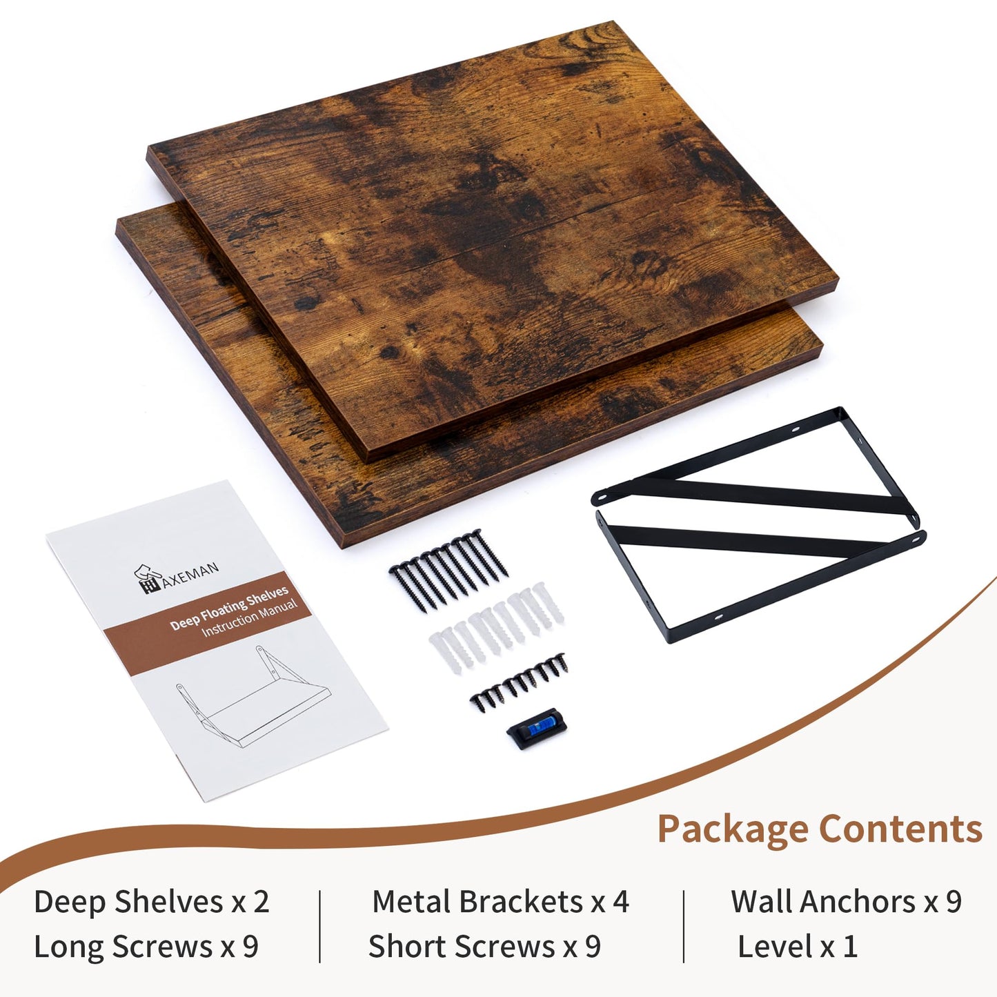 Axeman Deep Floating Shelves for Wall, 16W x 12D Rustic Wood Wall Shelves Set of 2, 12 Inch Deep Large Floating Shelves for Decor & Storage, Hanging Shelves for Farmhouse Kitchen Bathroom Bedroom