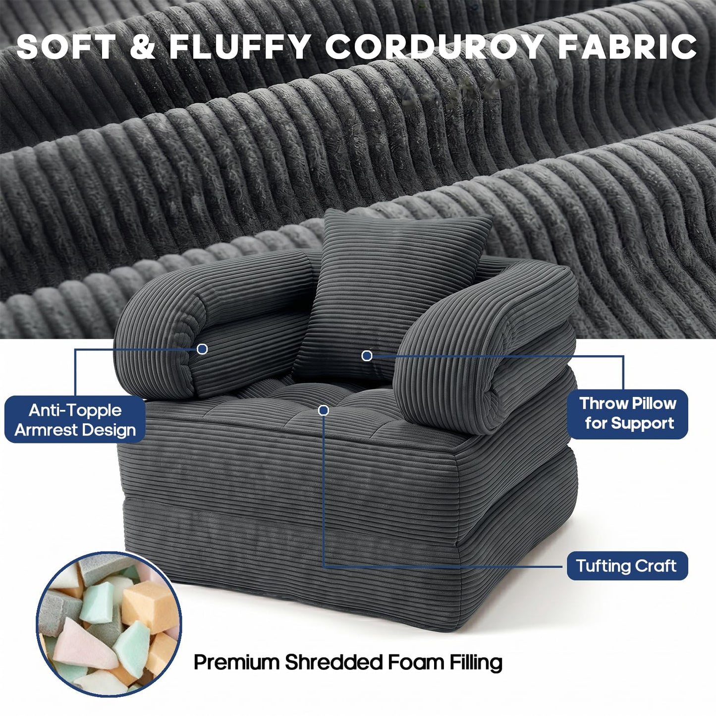 COTOSOF Folding Sofa Bed, Convertible Sleeper Chair with Armrests for Adults, Foldable Corduroy Boneless Bed, 3-in-1 Portable Futon Couch Floor Sofa with Pillow for Bedroom, Living Room, Dark Gray