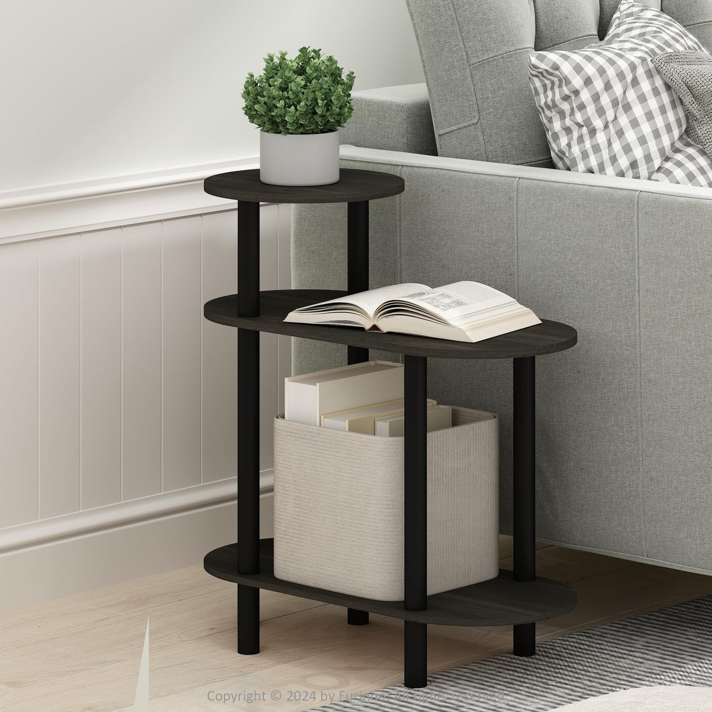 Furinno Turn-N-Tube Side Table, 3-Tier Oval Sofa End Table with Open Shelf, Toolless Assembly Night Stand, Bedside Table, for Living Room, Bedroom, Dark Espresso