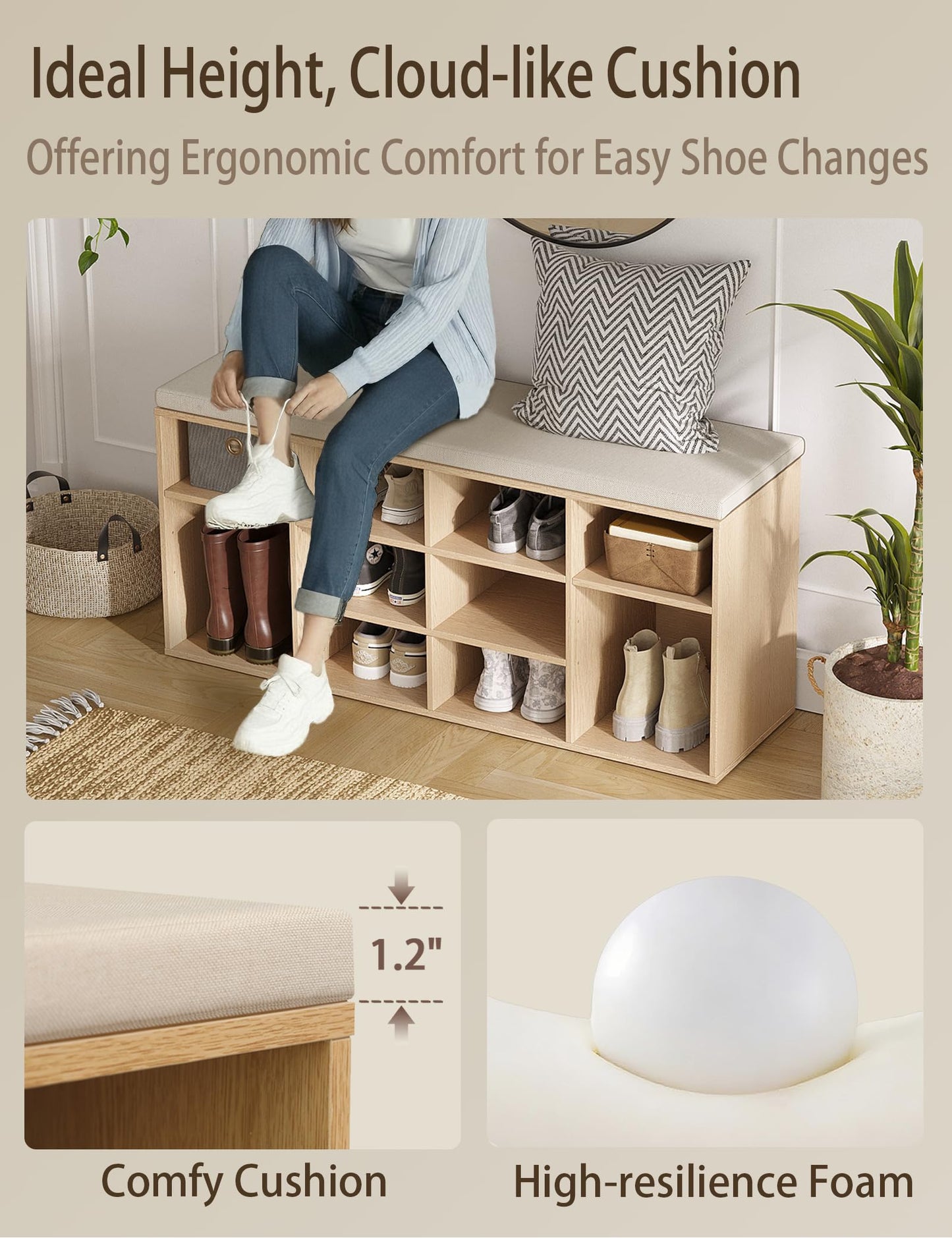 DINZI LVJ Shoe Storage Bench with Cushion, 12-Cubby Shoe Rack, Adjustable Shelves, 40.9" Long Shoe Organizer Bench for Entryway, Mudroom, Hallway, Garage, Natural and Cappuccino Beige