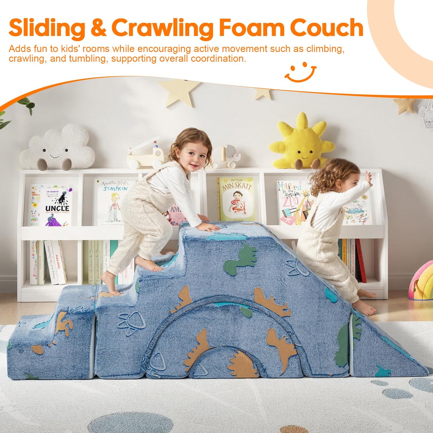 MeMoreCool Foam Climbing Toddler Couch, Modular Kids Sofa with Slide & Stair, Convertible Baby Couch for Playroom, Sectional Furniture for Crawling, Climbing, and Kids’ Play
