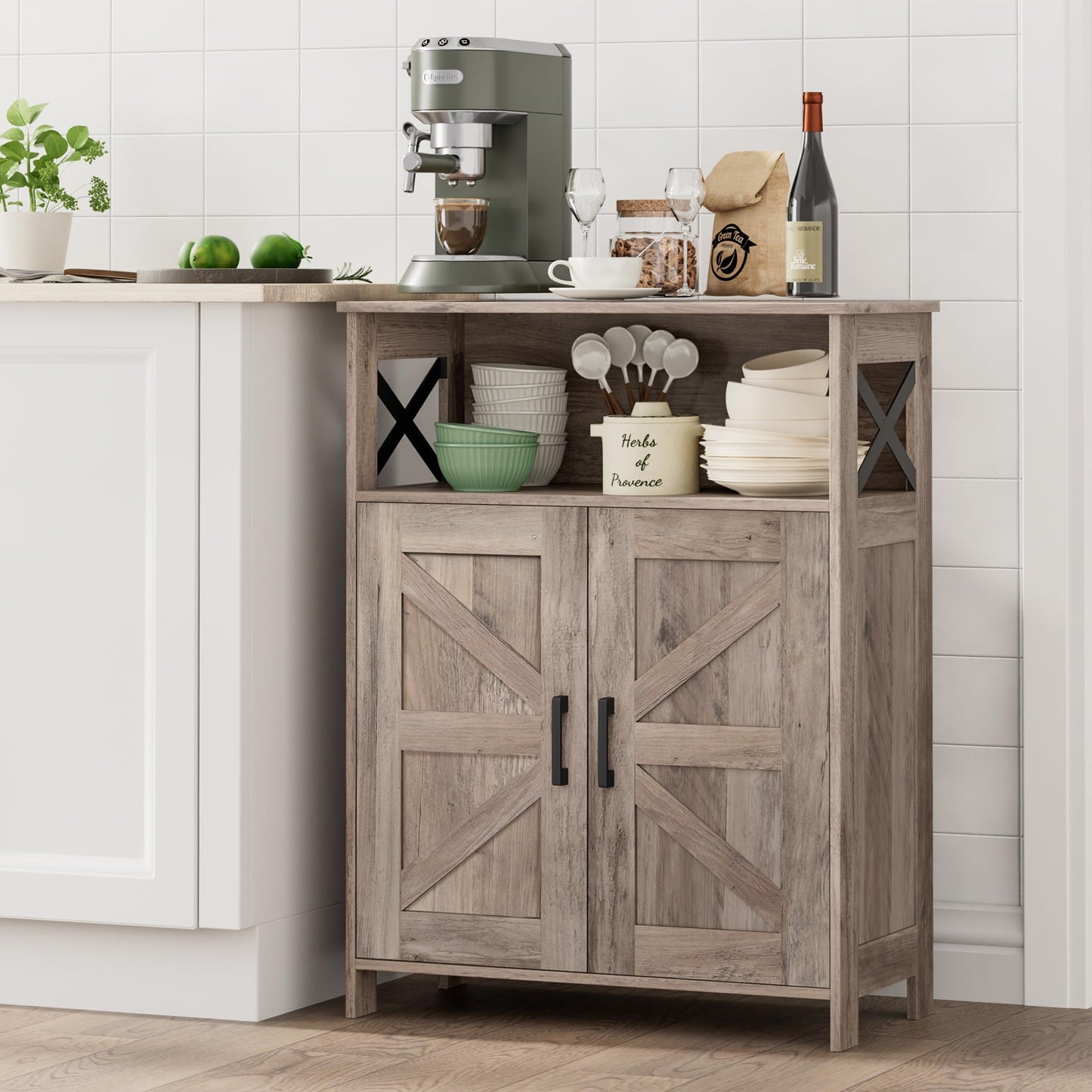 Homhedy Farmhouse Bathroom Storage Cabinet with 2 Doors, Toilet Paper Cabinet with Adjustable Shelf, Small Bathroom Cabinet for Kitchen/Laundry/Living Room, 11.8 x 23.6 x 31.5 Inches, Greige
