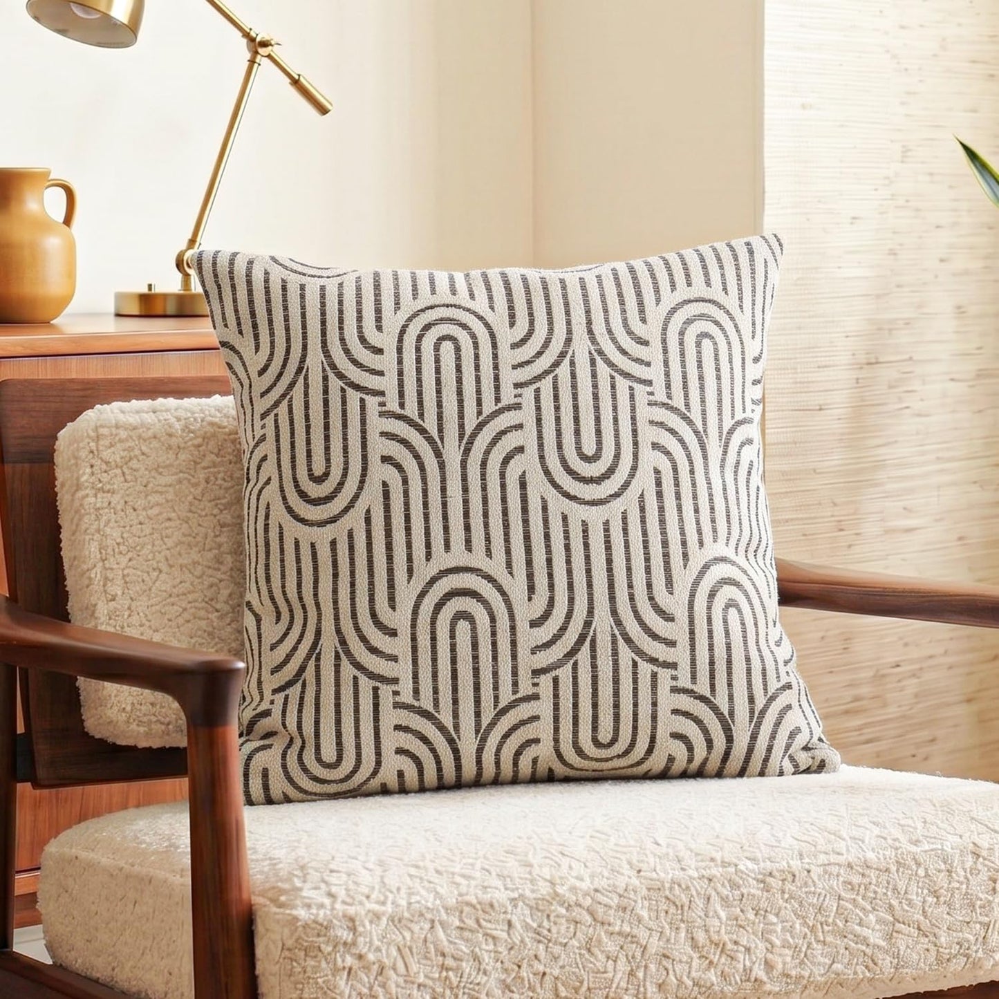 Jonhier Textured Curved Geometric Decorative Throw Pillow Cover, Modern Boho Neutral Square Cushion Case for Sofa Couch Bed, Mid Century Farmhouse Khaki Cozy Accent Pillowcase, 20 x 20 Inch