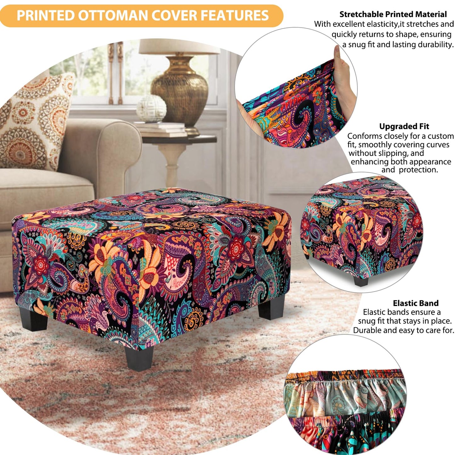 TOPHMDECOR Rectangle Ottoman Cover Printed,Stretch Footstool Slipcover with Elastic Bottom,Soft Fabric Protector for Rectangular Ottoman in Living Room or Bedroom,Medium,Purple