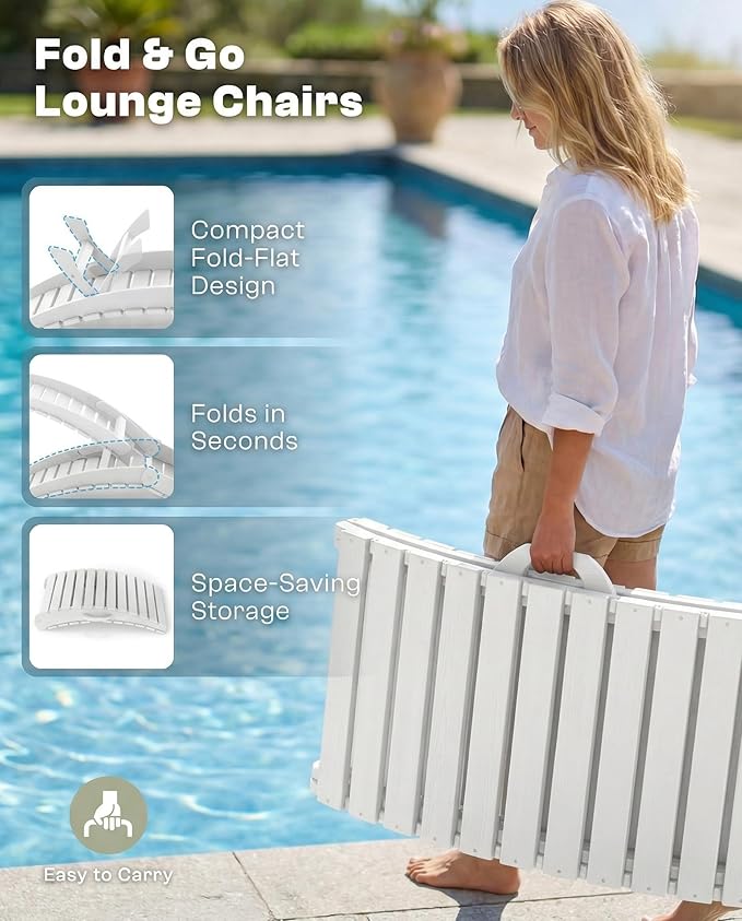 Folding HDPE Pool Lounge Chairs Set of 4, Pre-Assembled Outdoor Chaise Lounge