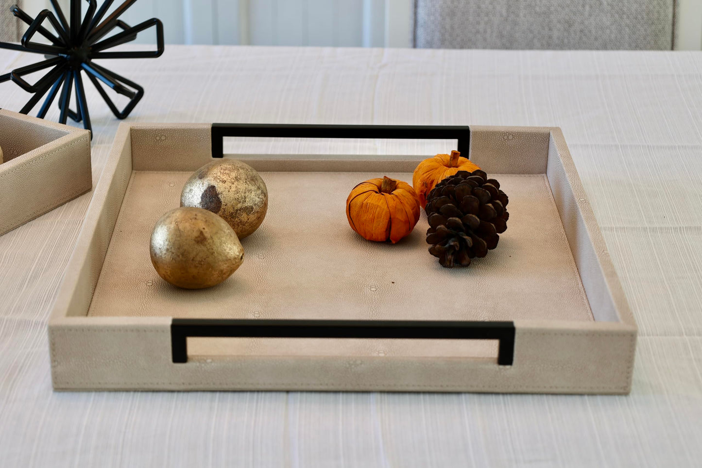 Sagala 16"x16" Ivory Shagreen Leather Serving Tray with Handles for Ottoman Coffee Table, Stylish Decorative Tray for Living Room Modern Home Decor (Ivory-Black, Square 16")