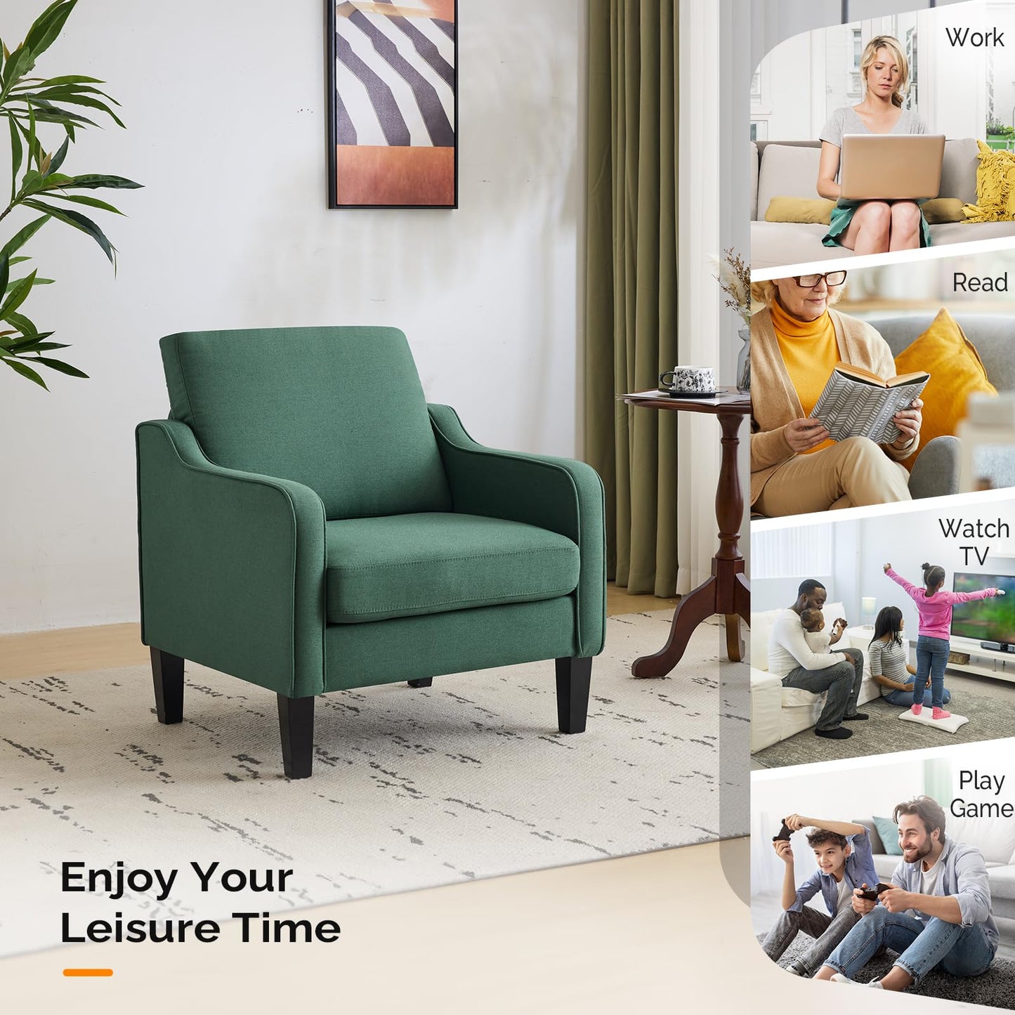 VINGLI Accent Chair for Living Room Chairs Dark Green Reading Chair for Bedroom Scooped Arm Chair Mid Century Modern Accent Chairs Upholstered Comfy Chair for Apartment, Waiting Room