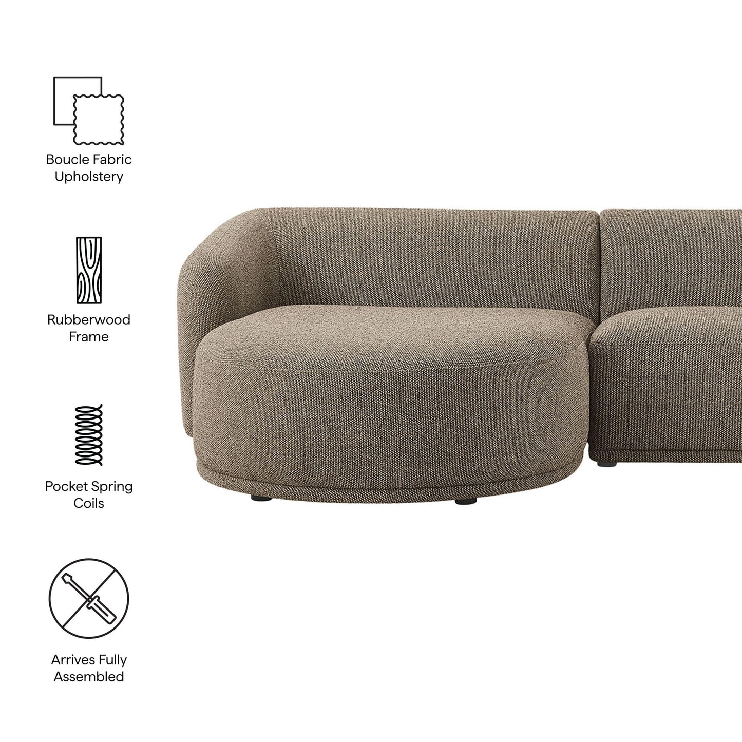 Modway Monica Left Facing Sectional with Chaise in Earth – Comfortable Low Profile 2-Piece Boucle Fabric Modular Sofa for Living Room, Bedroom, Or Apartment