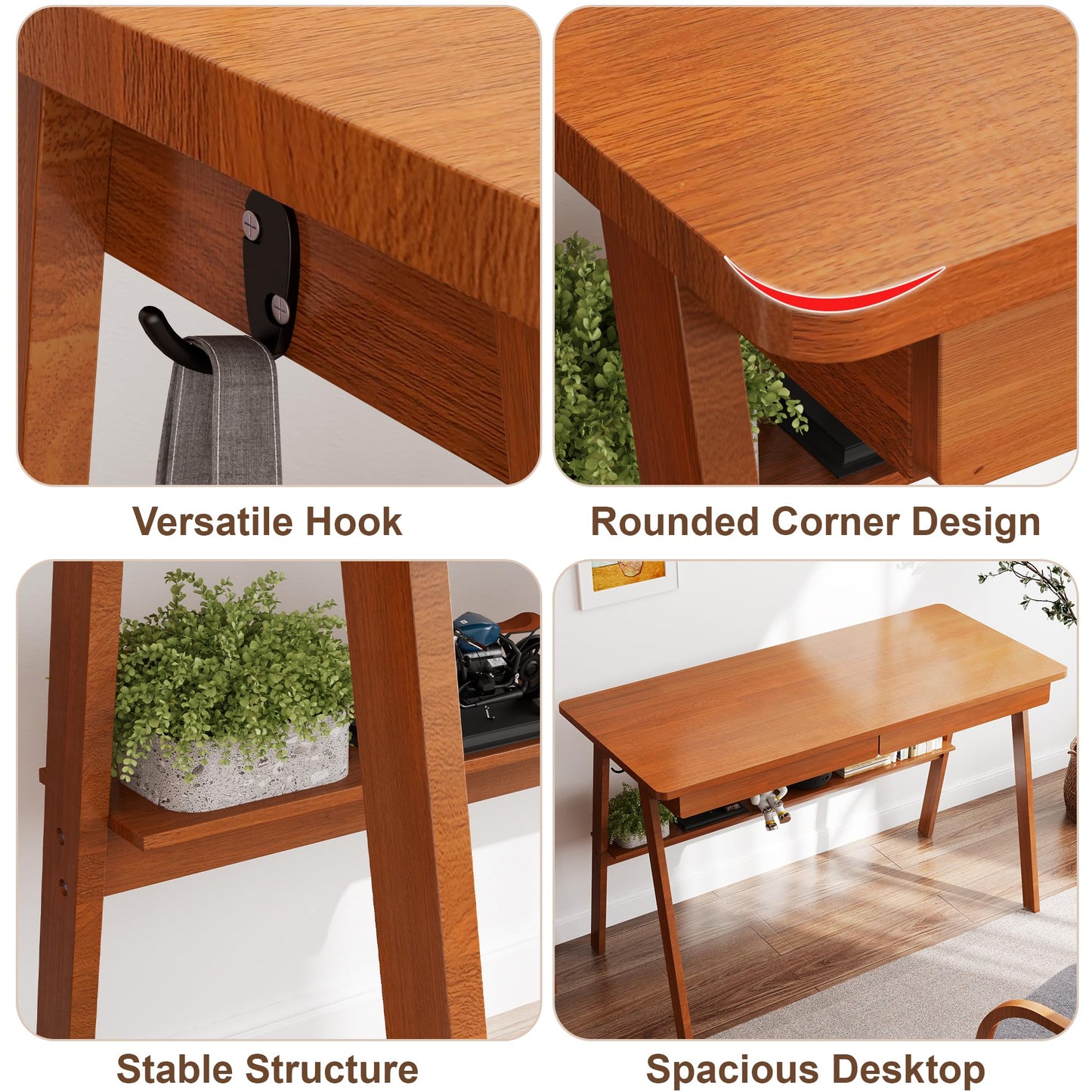 ENPKLUTE Solid Wood Desk with Drawers - 39.4 Inch Mid Century Modern Desks with Storage Shelf, Small Writing Desk for Small Spaces, Home Office Desks for Bedroom & Home, Walnut Color