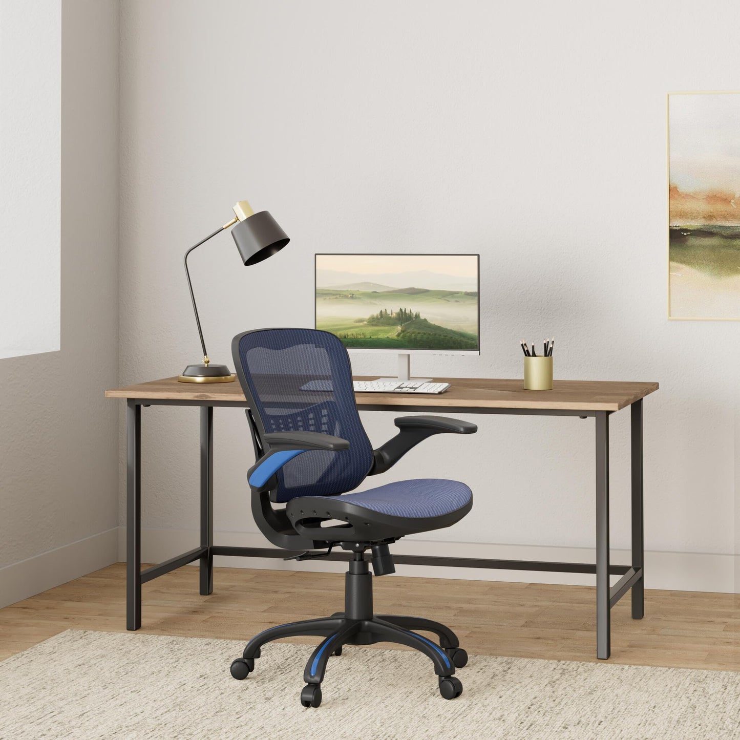 Office Star Riley Ventilated Manager's Office Desk Chair with Breathable Mesh Seat and Back, Black Base with Blue