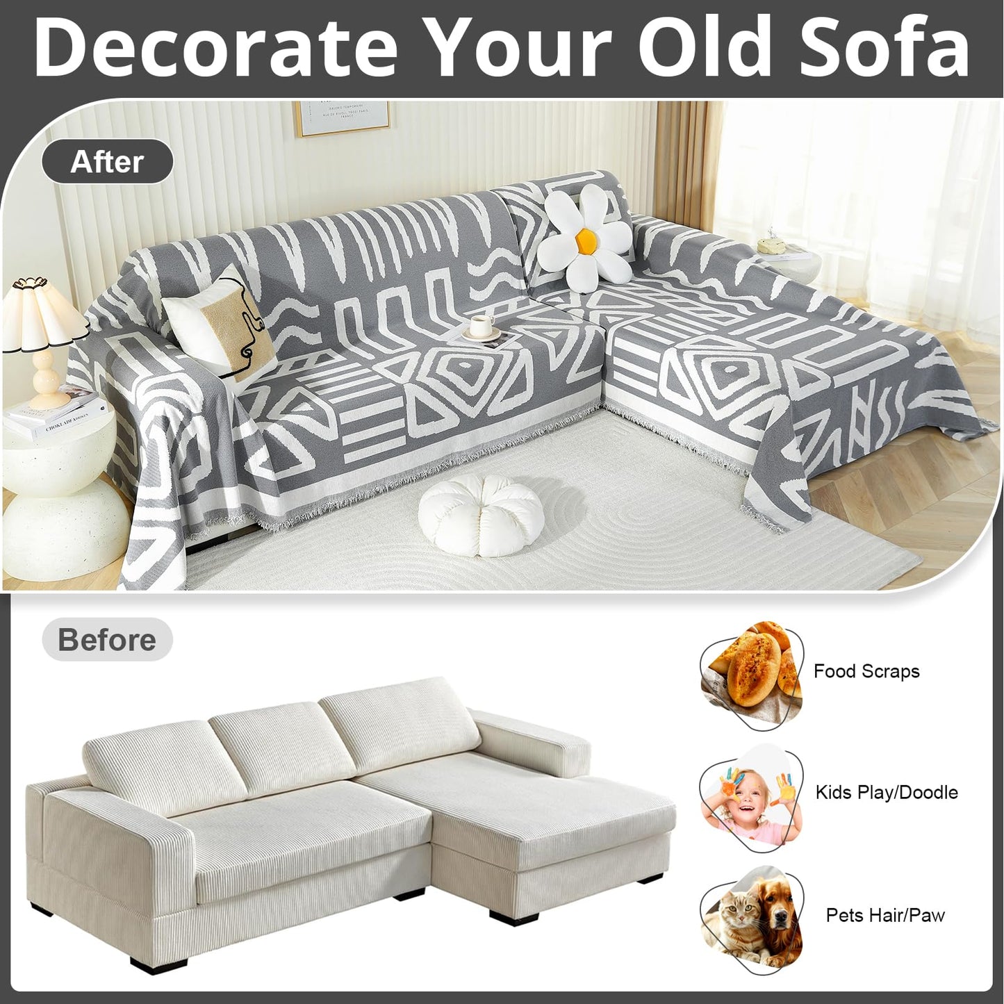 Royhom Sectional Couch Covers 2 Pieces, L Shaped Couch Cover Blanket, Boho Sofa Covers Washable, Sofa Slipcover with Tassel, Suitable for All Seasons (71"x118"+71"x118", Dark Grey)