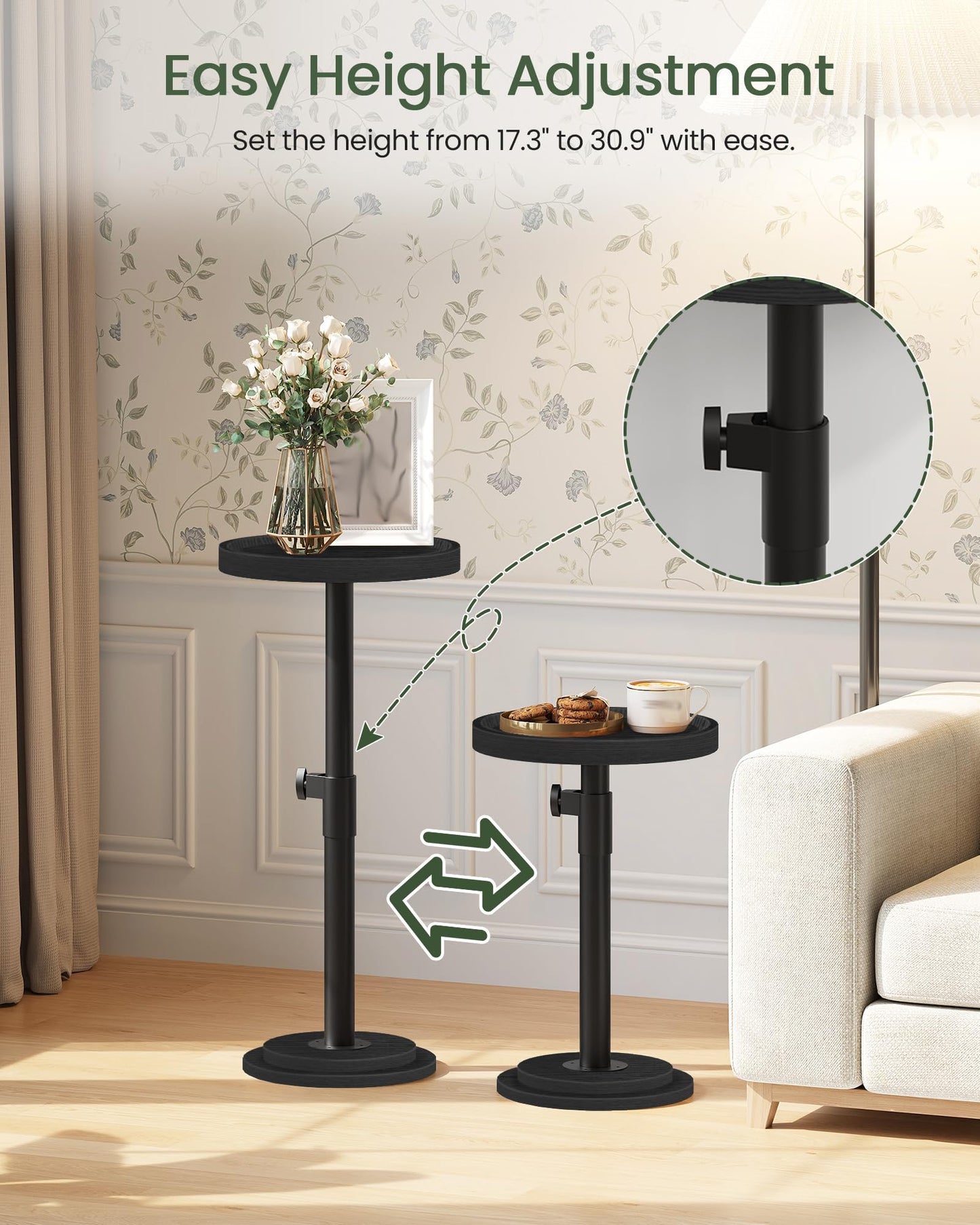 CHOEZON Small Round Side Table, Height Adjustable Drink Table, Pedestal Martini Table with Thickened Base, for Small Space, Sofa, Living Room, Bedroom, Black TBZ31BB