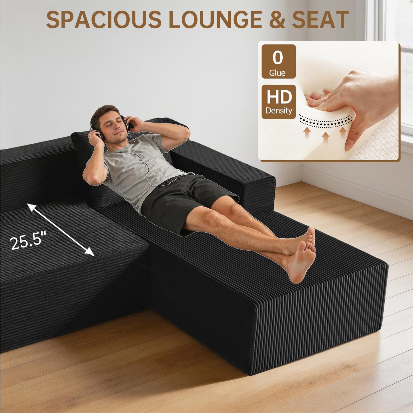 Nigoone 103" Cloud Sectional Sofa, Boneless L-Shape Couch with Chaise, Modern Minimalist Modular Couch for Living Room, Free Combination, Deep Seat, No Assembly Required, Premium Corduroy, Black, R
