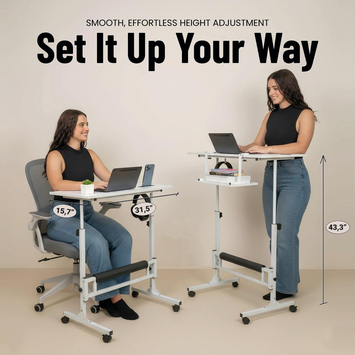 Model 2026 Adjustable Height Rolling Desk With Wheels Portable Compact Laptop Table Mobile Workstation For Study Office Small Space Standing Desk Ergonomic Writing Surface Modern Home Furniture White