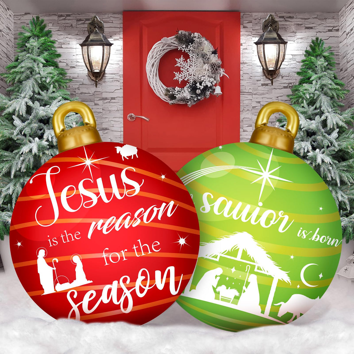 2 Pieces 32 Inch Giant PVC Inflatable Christmas Decorated Ball Ornaments Outdoor Large Xmas Blow Ball Decorations for Christmas Themed Party Ornaments(Cute,Green Red)