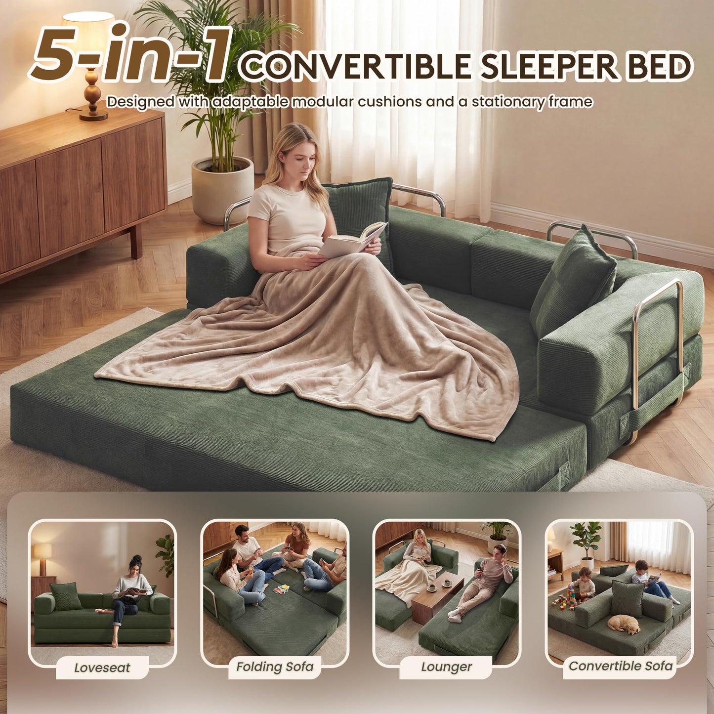GRUSIGN 78 Inch Convertible Sofa Bed, 5-in-1 Futon Sofa Bed Pull Out Couch, Boneless Couch Bed for Living Room, Corduroy Boneless Couches for Bedroom, Apartment, No Assembly Sleeper Sofa Bed, Green