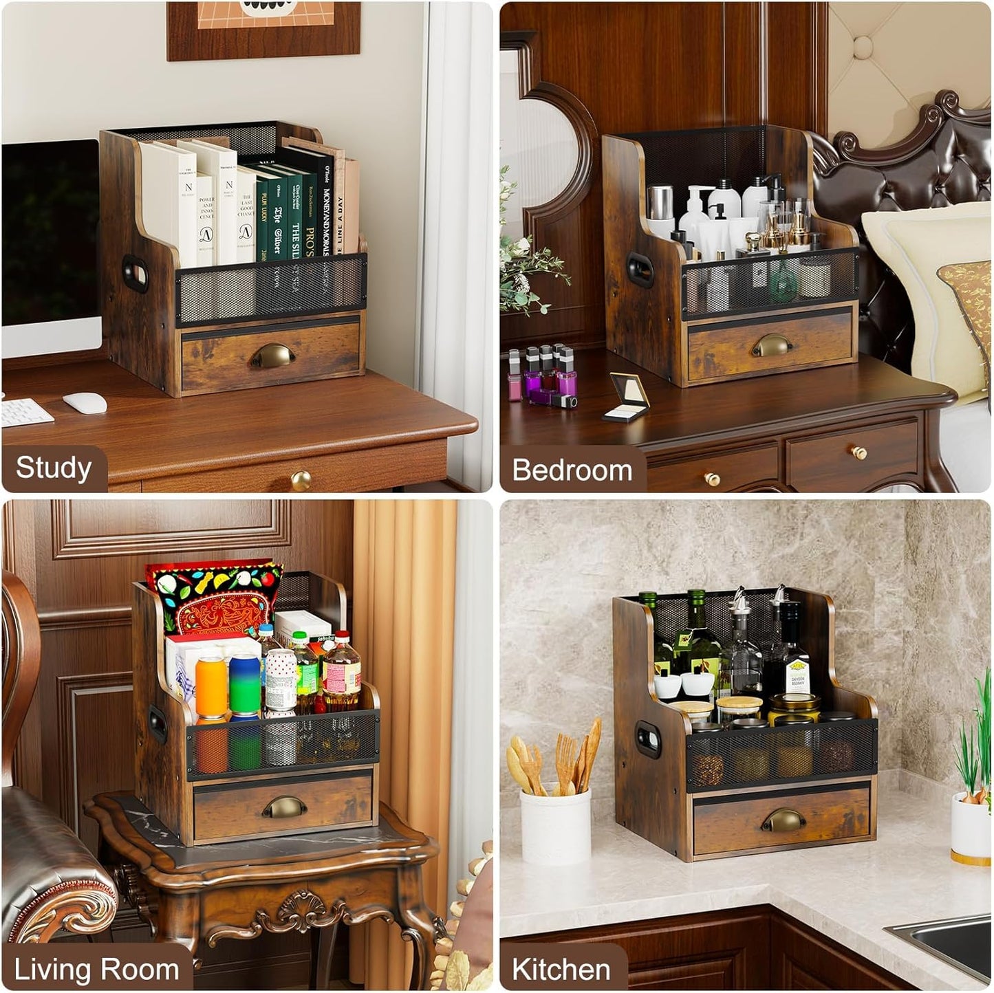 JunVpic Vinyl Record Storage Crate with Drawer – Wooden & Metal LP Record Holder Box for Home, Desktop & Music Room, Holds 100+ Vinyl Albums, Books, and Files