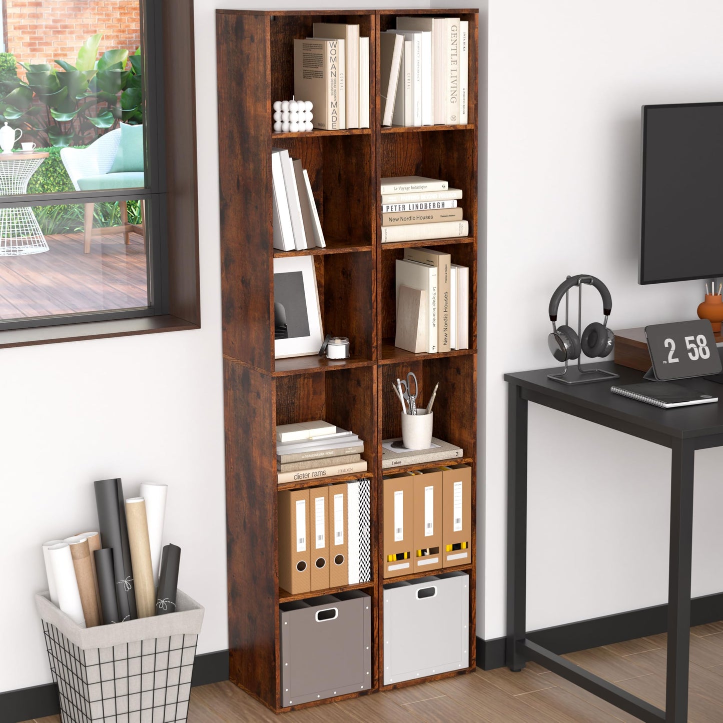 NewBeth Cube Storage Organizer, 6 Cube Retro Bookshelf, Freestanding 6 Tier Open Shelf, Rustic Brown Retro Shelves for Home Office, Bedroom, Living Room, Study