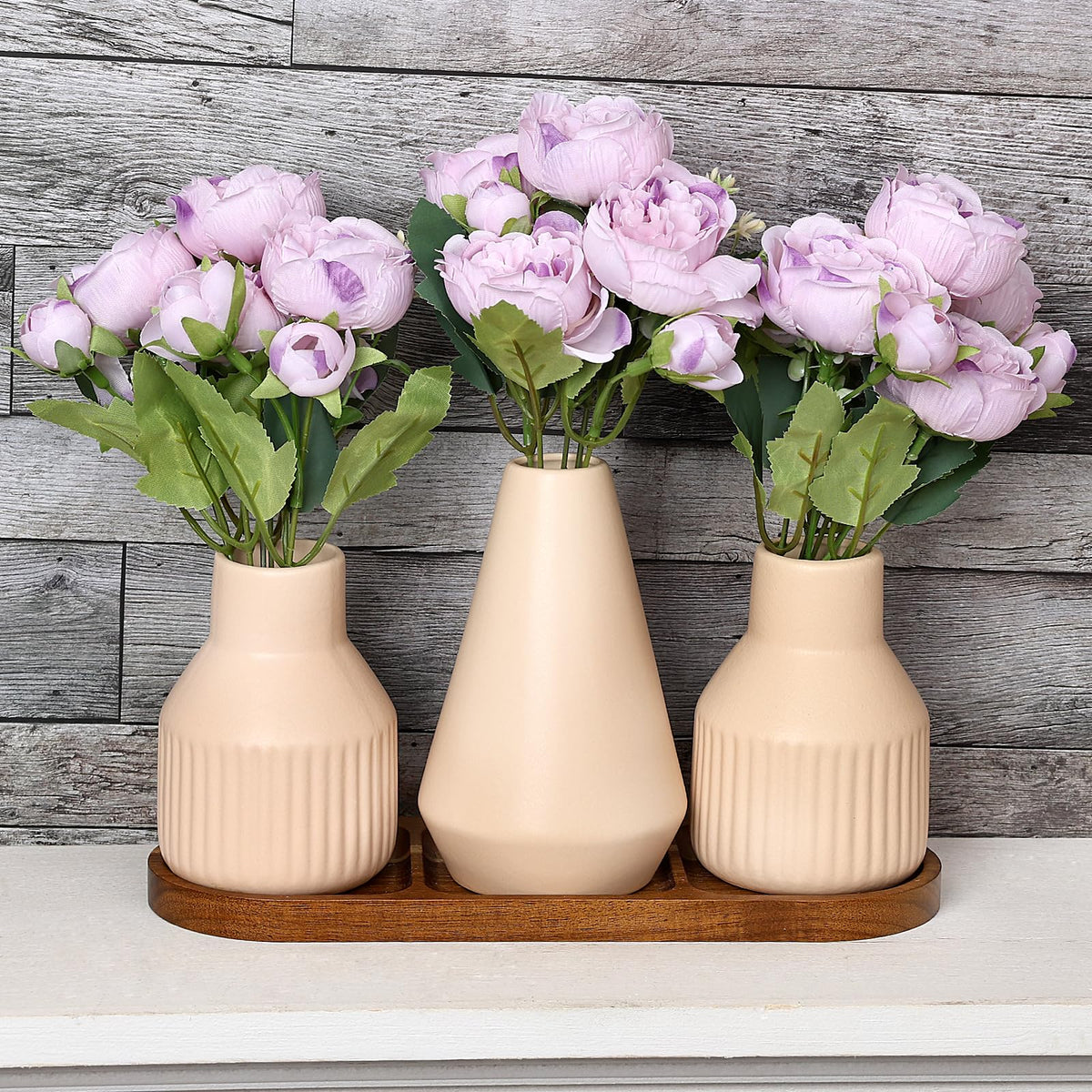 Nagobi Flower Table Centerpiece - Dining Table Centerpiece Decor Set of 3 Fake Peonies in Ceramic Vases & Wood Tray Modern for Kitchen Island Living Room Coffee Table Home Decor (Light Purple)