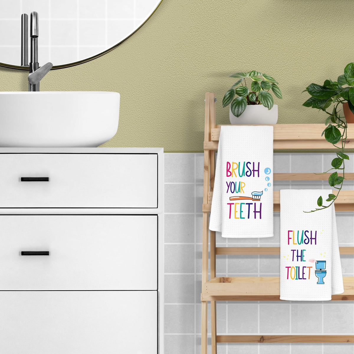 CIOJUNE Kids Bathroom Decor, Toddler Boys Girls Kids Bathroom Accessories Hand Towels Set of 2, Brush Your Teeth Flush The Tolet Bathroom Decoretion, 16x24