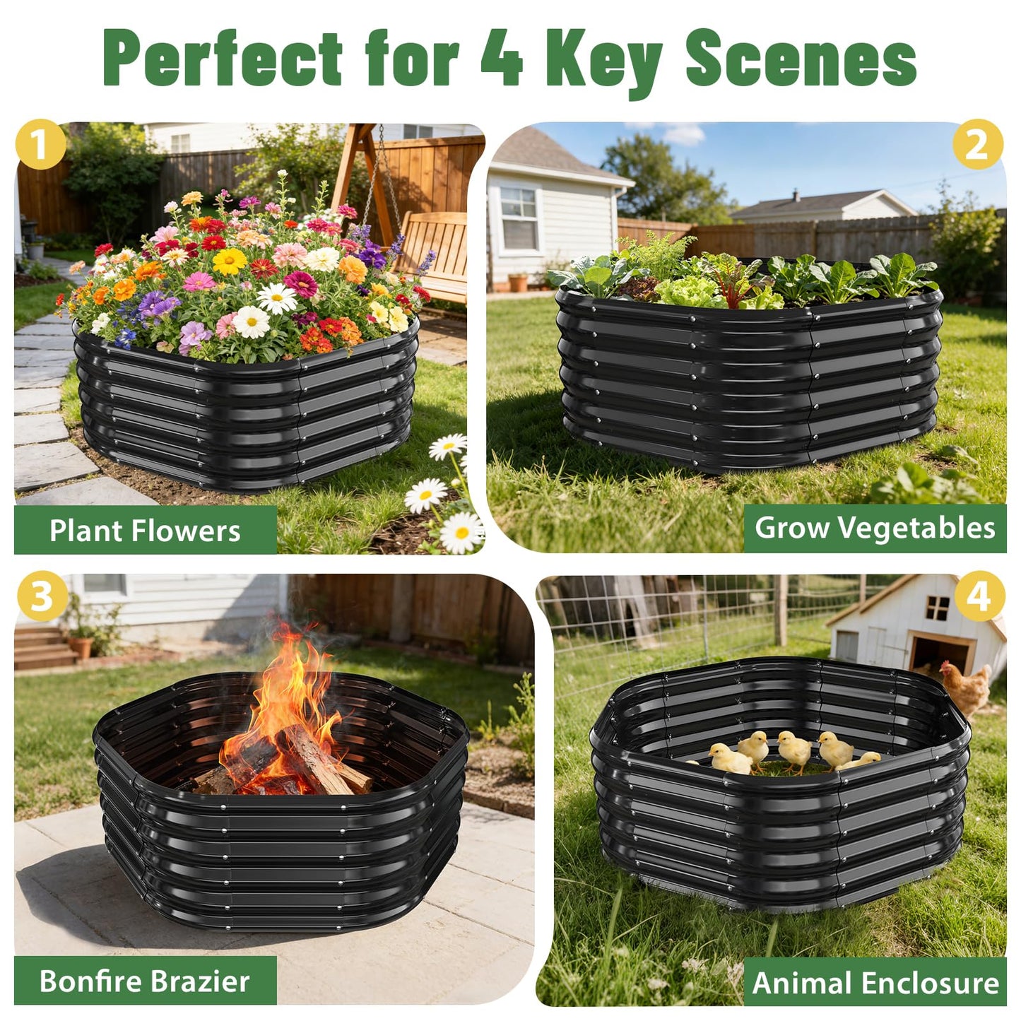 VAMFUTRE Hexagon Raised Garden Bed, 48 Inch Diagonal & 16.5 Inch Tall, Galvanized Steel Planter Box with Wave-Shaped Metal Panels for Outdoor Flower,Tree,Herb & Vegetable Garden (Black, 4FT X 1.5FT)