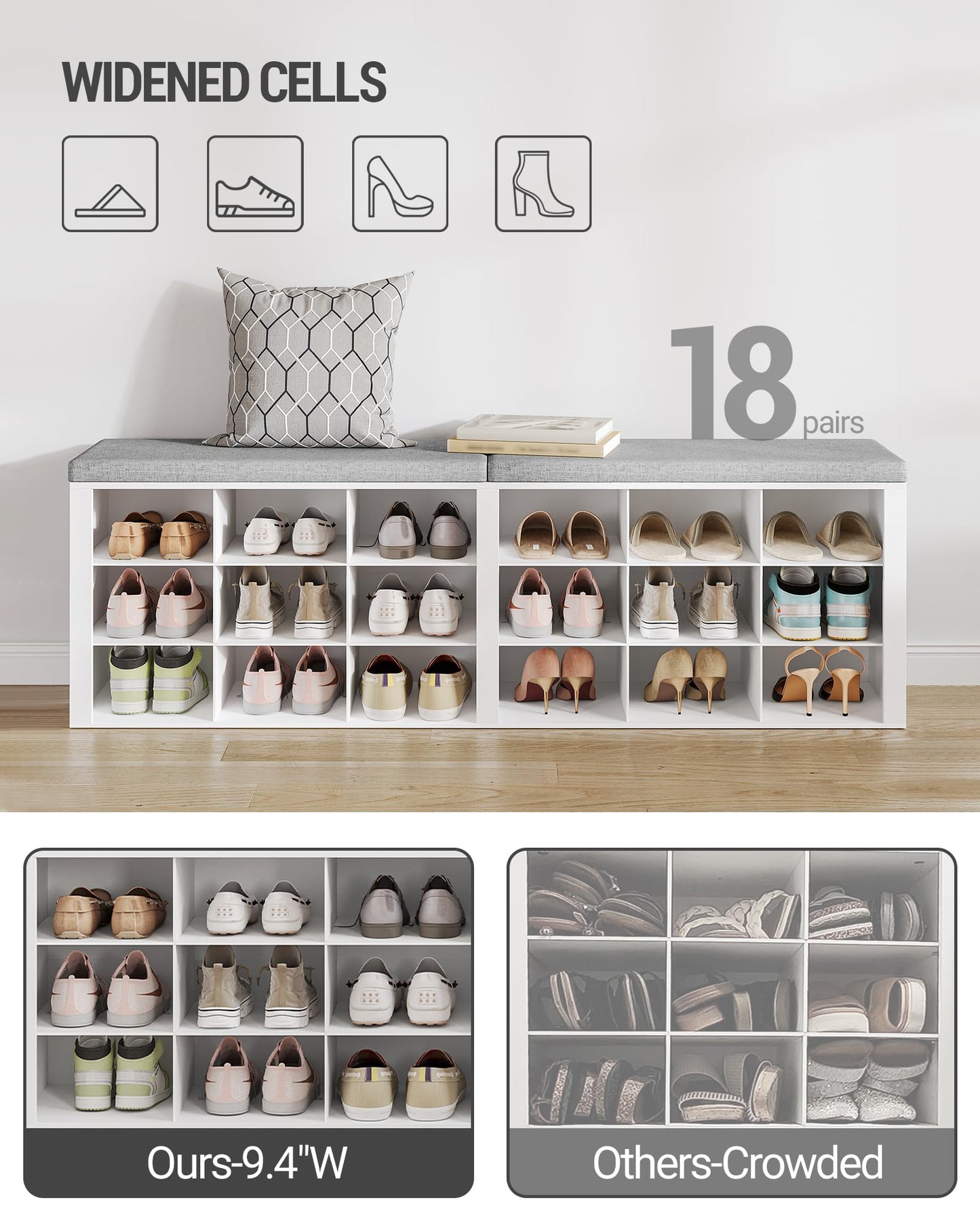 Hzuaneri Shoe Storage Bench with Cushion, Entryway Storage Bench with 18 Cubbies, 9.5" Widened Organizer Cabinet, Long Cubby Rack for Living Room, Bedroom, Entryway, White SB25703GY