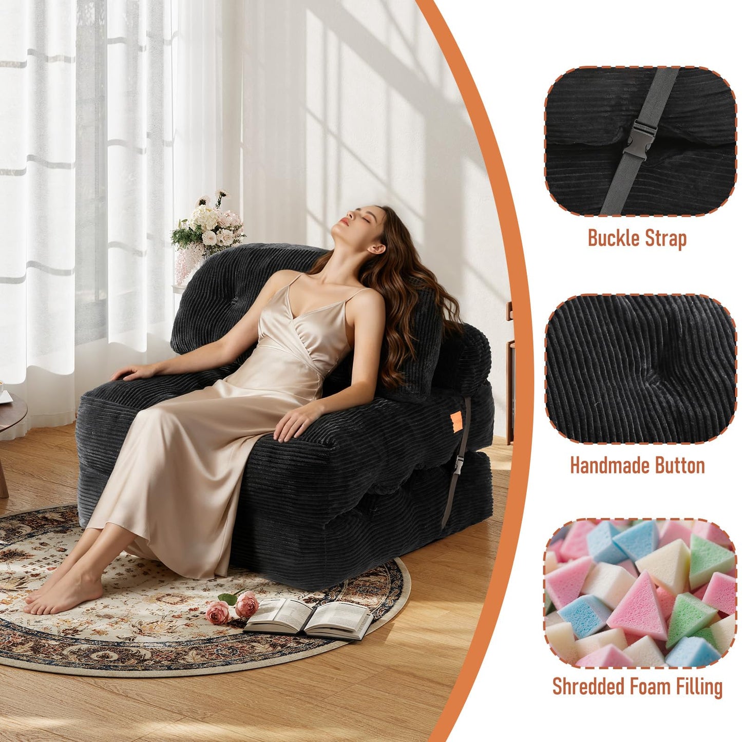 Vellorise Folding Sofa Bed, Convertible Sleeper Chair with Back Support and Pillow Futon,Boneless Foldable Couch for Living Room/Guest Use/Home Office, Foldable Chair Bed for Adults, Black