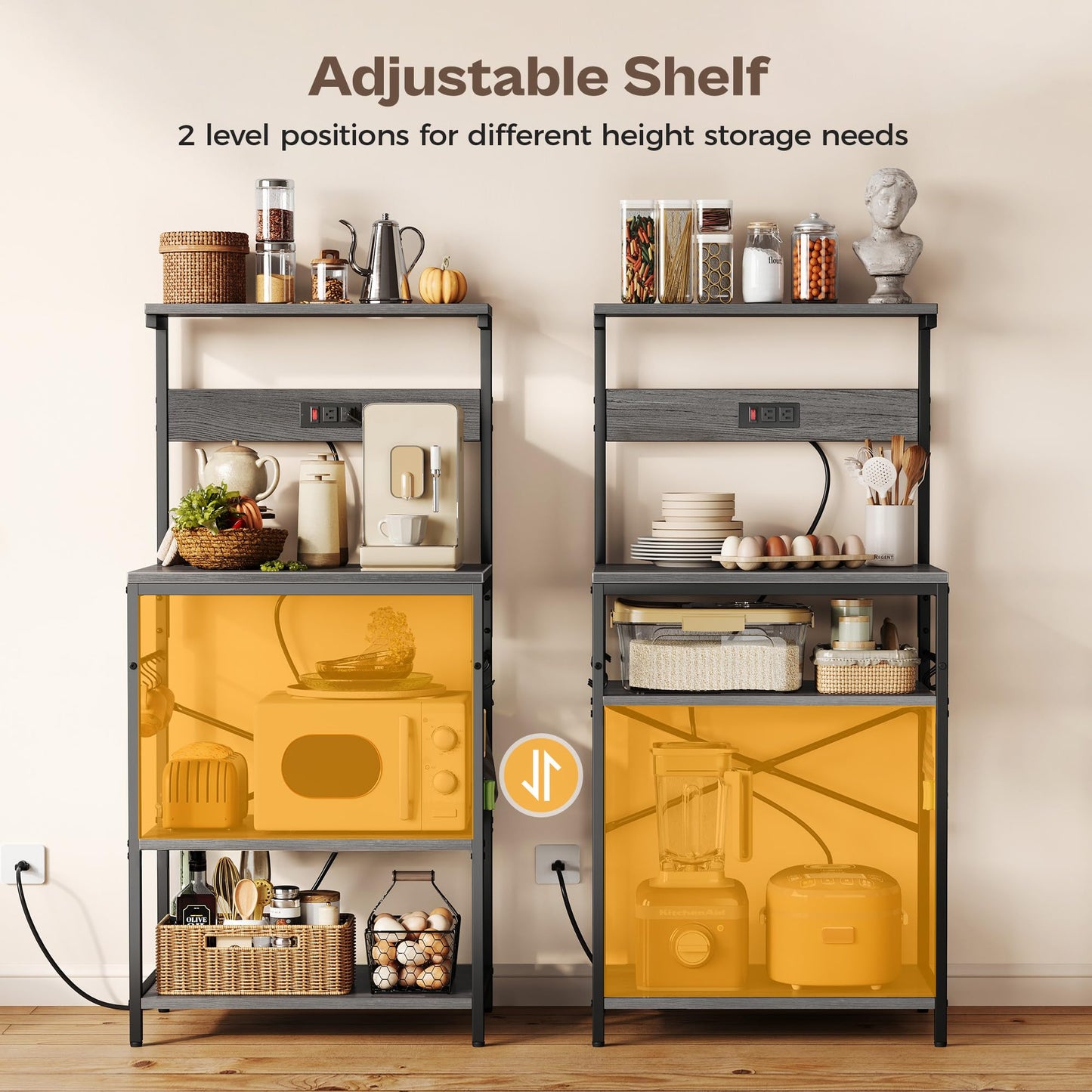SUPERJARE Kitchen Bakers Rack with Power Outlet, Coffee Bar Table 4 Tiers, Kitchen Microwave Stand with 6 S-Shaped Hooks, Storage Shelf Rack for Spices, Pots and Pans - Charcoal Gray