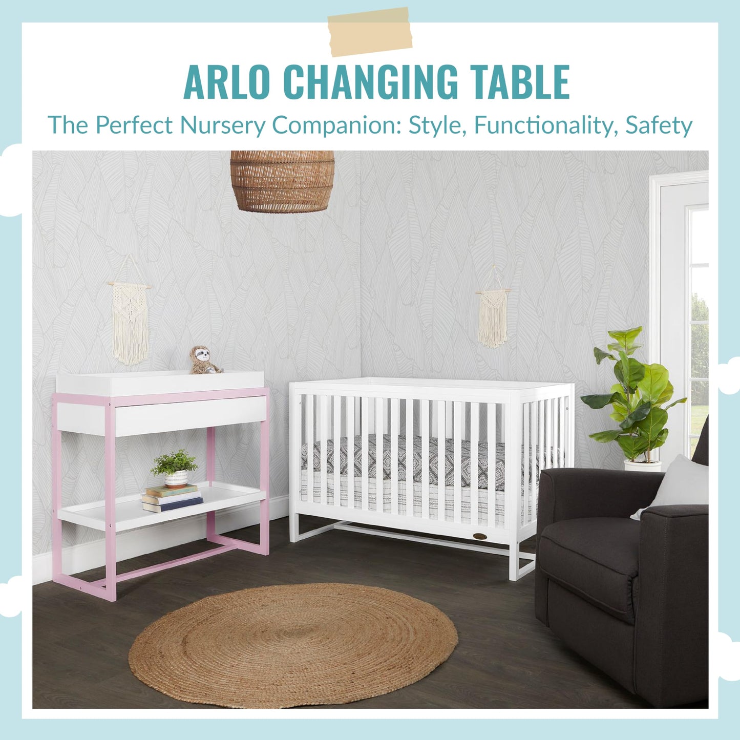 Dream On Me Arlo Changing Table in Blush Pink – Enclosed Dressing Area with Safety Strap, Solid New Zealand Pinewood, Non-Toxic Finish, Spacious Fixed Storage Shelf, Water-Resistant 1" Changing Pad