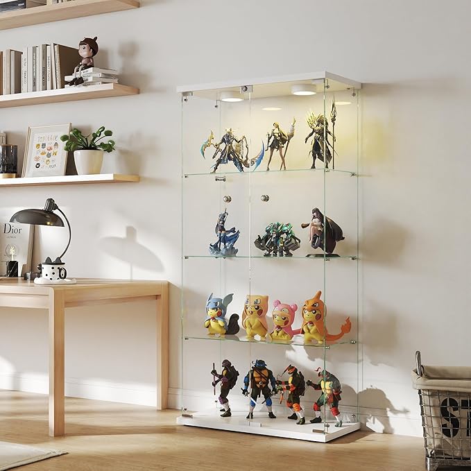 Display Cabinet with Light, Glass Door and Lock, 4-Shelf Fast Installation in