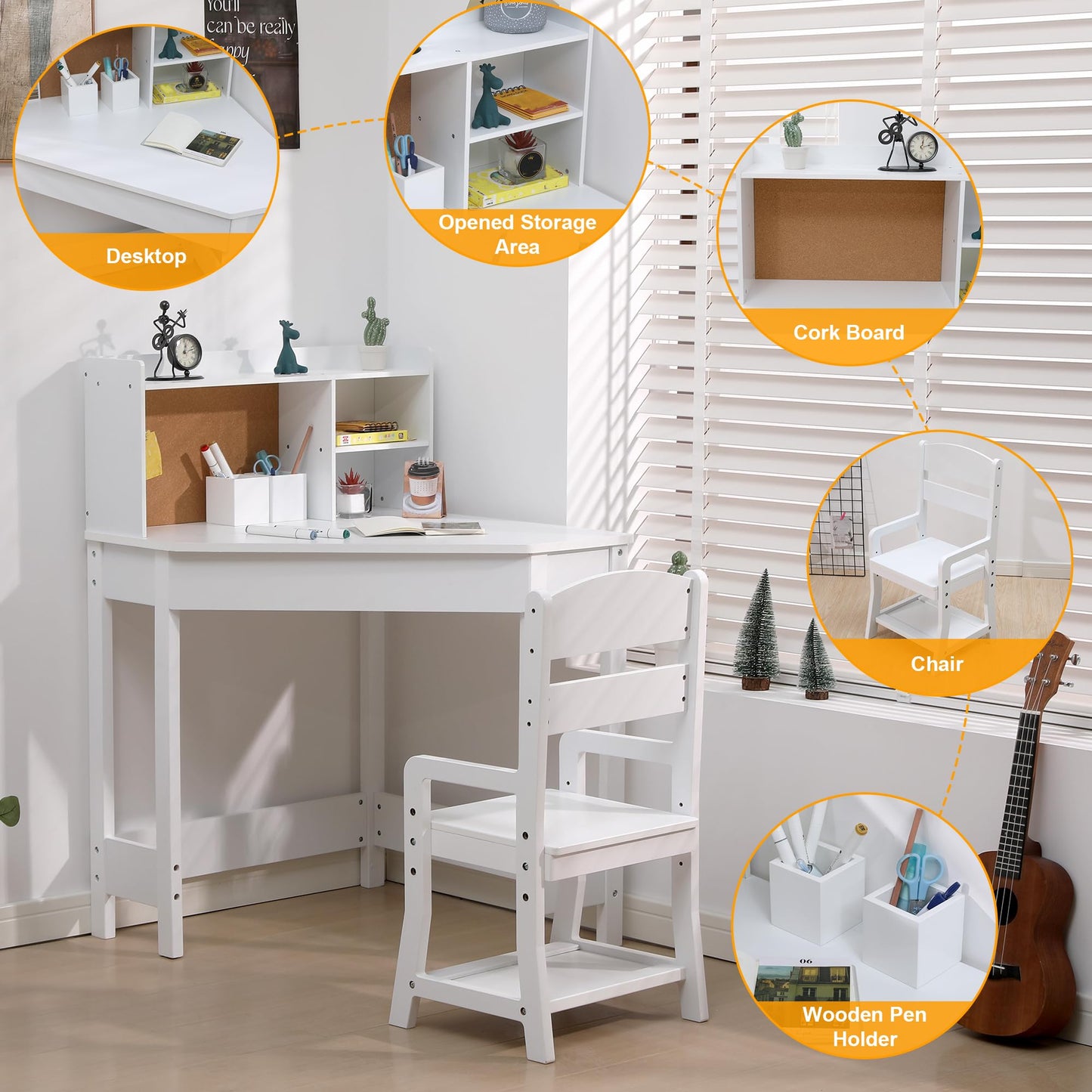 GarveeHome Kids Corner Desk and Chair Set, Children Study Table with Bookshelf, Bulletin Board, and Pen Holder, Writing Table for Boys and Girls, White