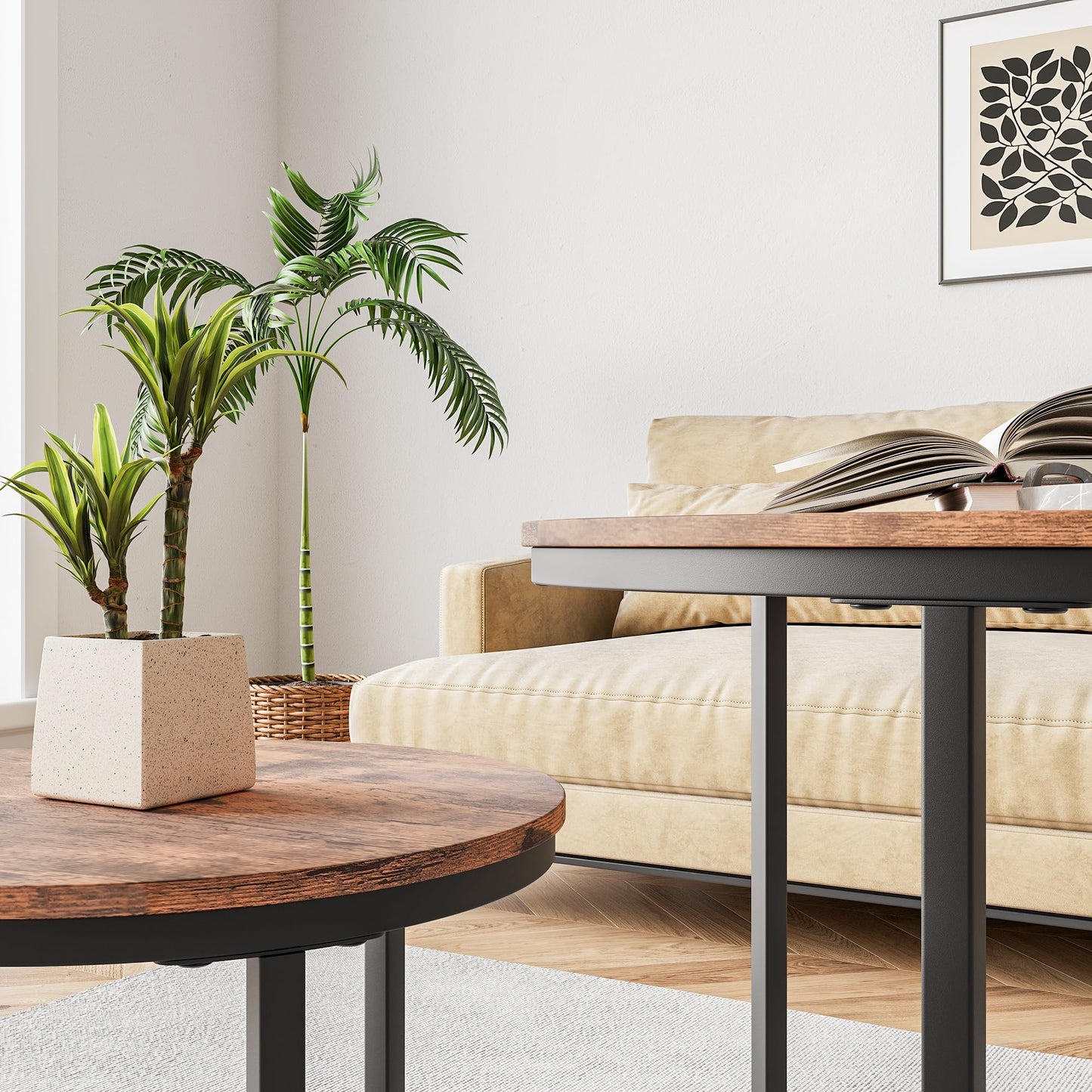 HOJINLINERO Small Round Nesting Coffee Table Set of 2 with Metal Frame and Wood Top, Modern Stacking Side Table for Living Room, Bedroom, Office, Brown