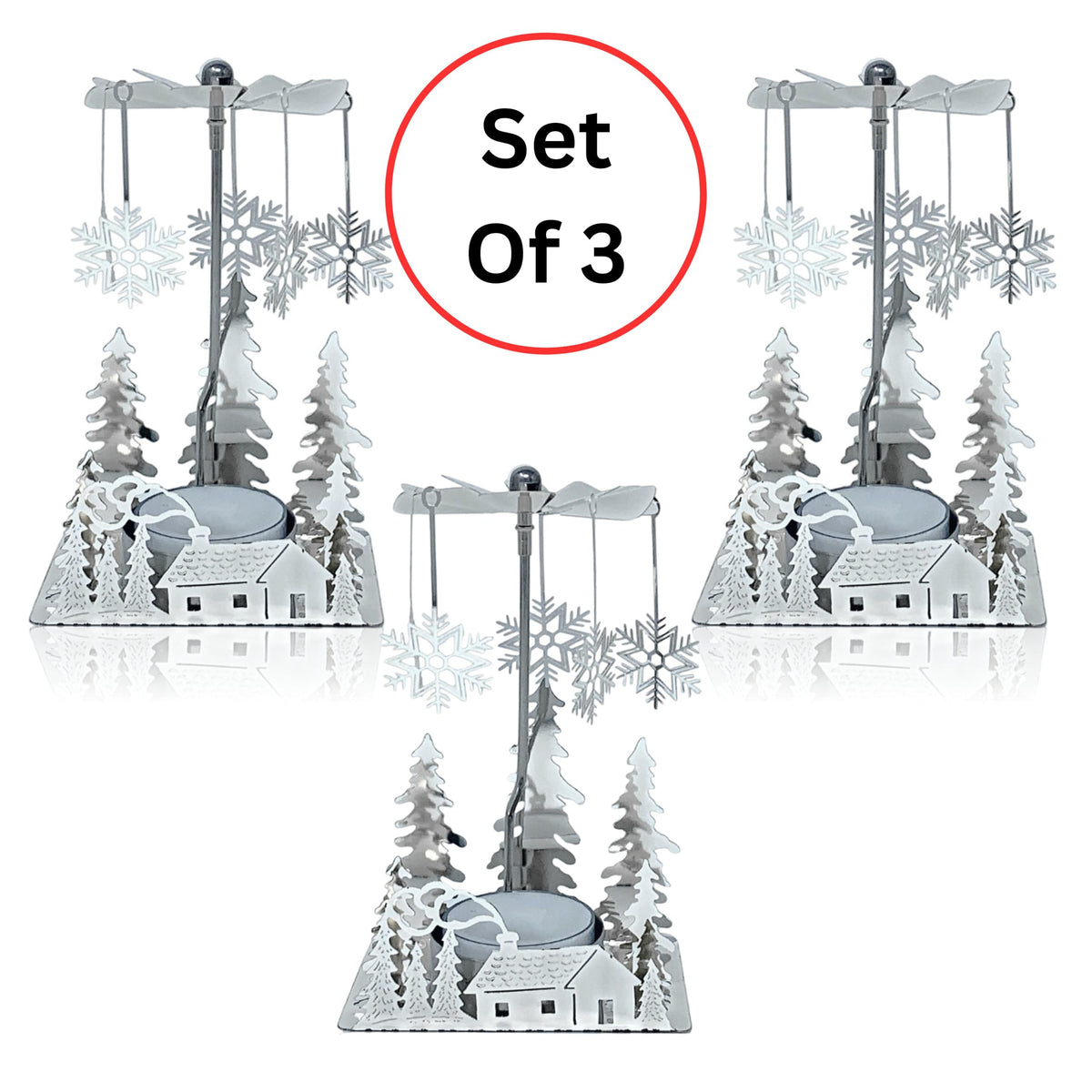 Winter Cabin Silver Holiday Candle Spinners Set of 3, Silver Plated Laser Cut Christmas Tea Light Candle Holders with Cabin, Trees & Snowflake Charms, Spinning Winter Scene Table Decor, 5 Inch
