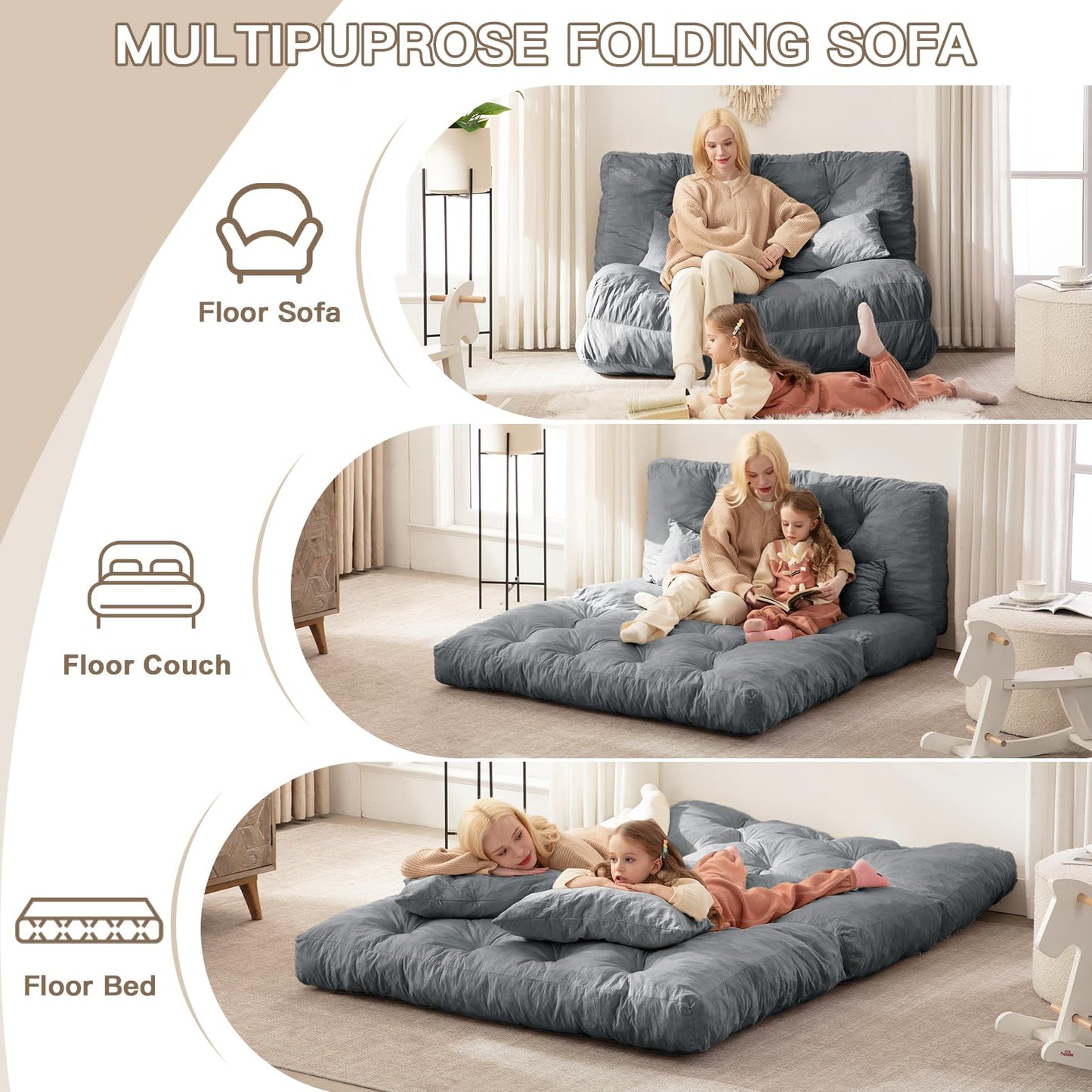 Folding Sofa Bed, Convertible Sleeper Chair with Pillow Foldable Mattress with Back Support, Portable Fold Out Chair Bed Comfy Floor Sofa Lounge for Living Room Bedroom, Dark Gray Full 80x54 Inch