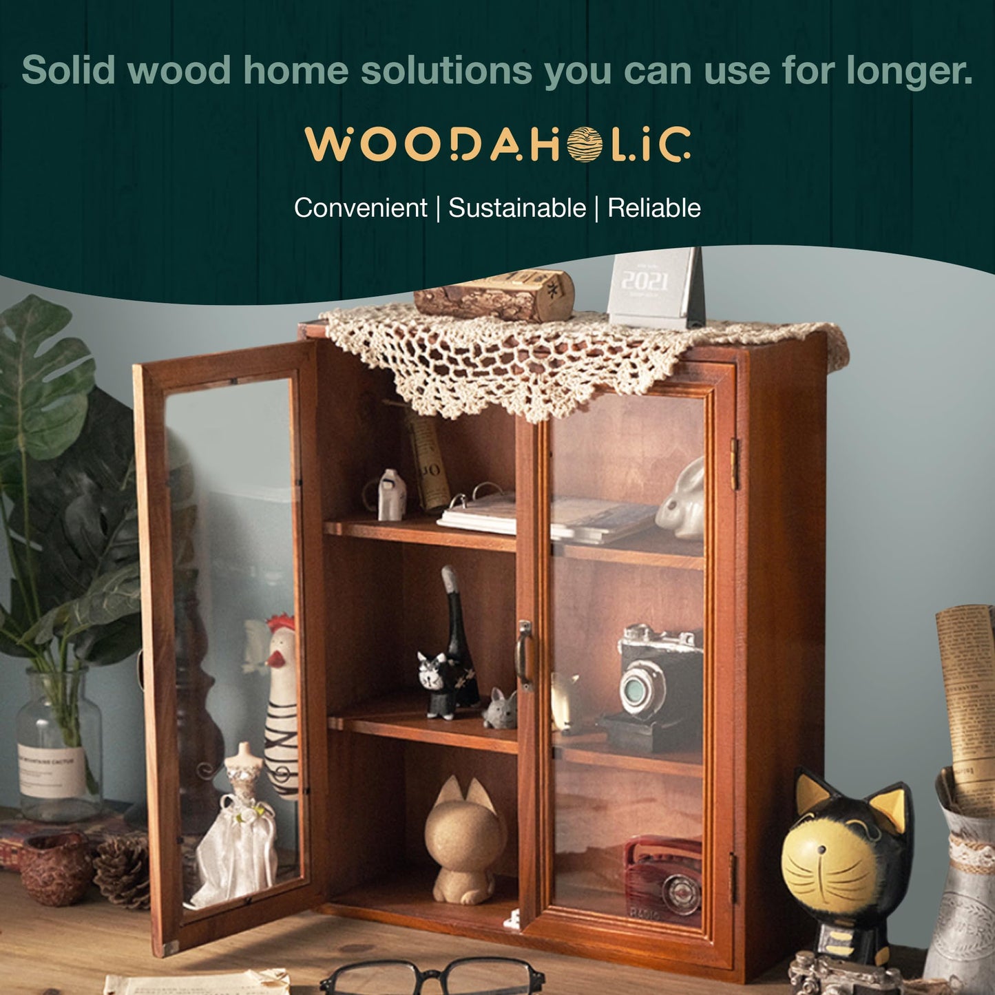 Woodaholic Storage Display Cabinet with Clear Display Doors - Pantry Storage Cupboard - 3-Level Cover with 2 Metal Handles - Rustic Mini Kitchen Cupboard, Mahogany Wood