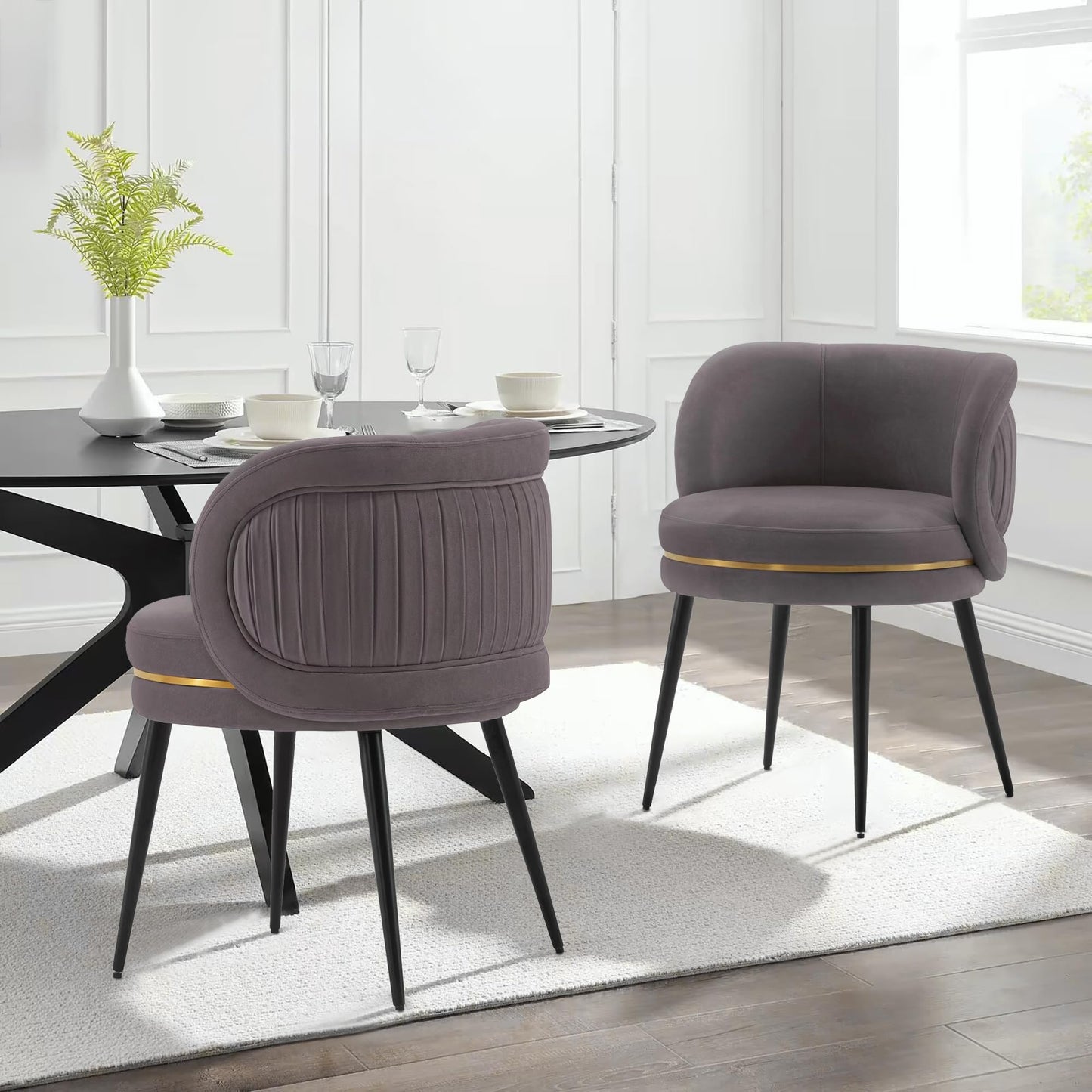 Manhattan Comfort Kaya Modern Velvet Dining Chair with Pleated Round Back, High Density Foam Padding & Premium Wood & Metal Frame, Accent Kitchen Furniture, Grey