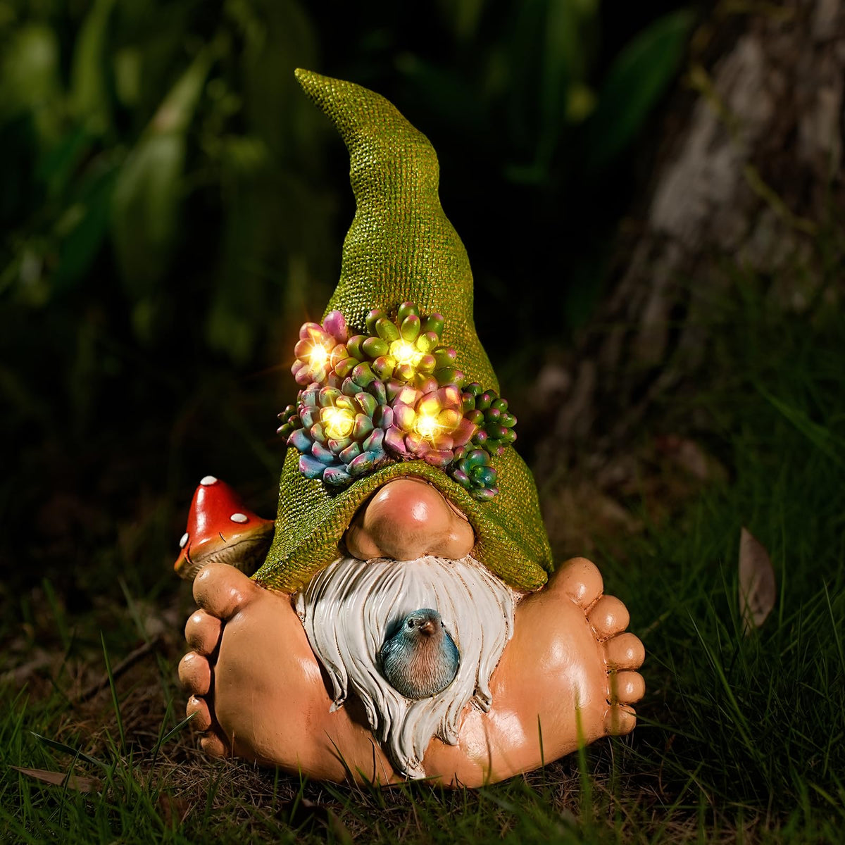 Joint Honglin Solar Succulent Gnome Garden Statue, Lighted Succulent Hat Gnome with Bird, Resin Fairy Garden Decor, Outdoor Waterproof Garden Gnome Figurine for Yard Lawn Patio Porch