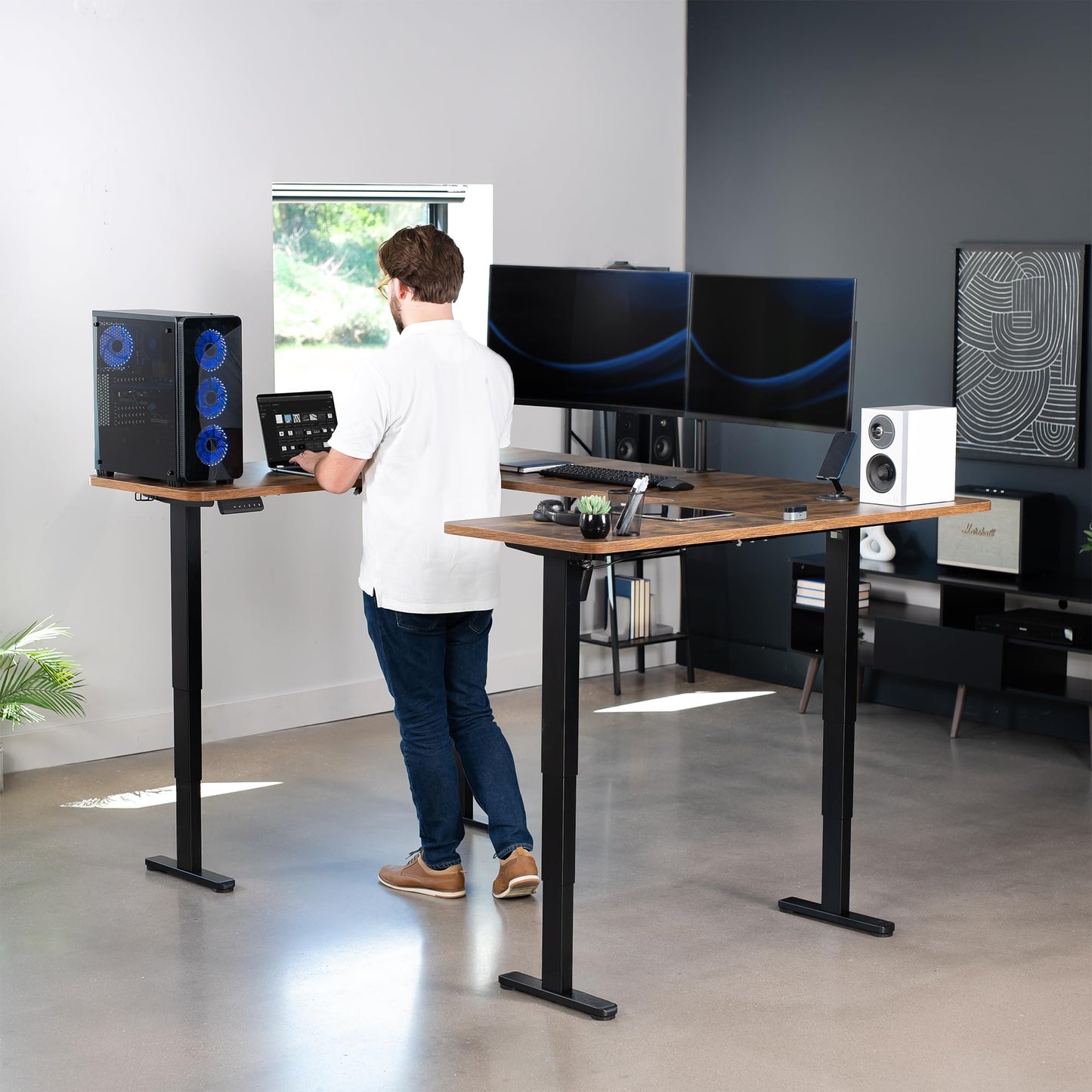 VIVO Large U-Shaped 83 x 60 in Electric Standing Desk, Memory Height Adjustment, Rustic Vintage Brown Top Black Frame, DESK-E4UBN