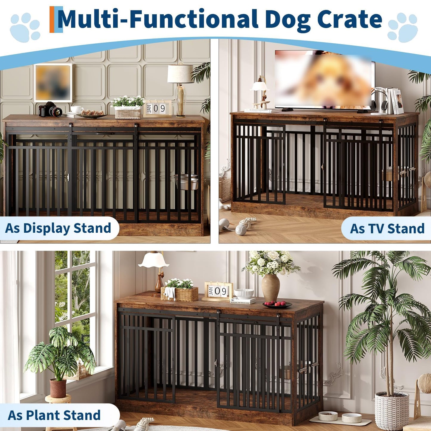 55" Large Dog Crate Furniture TV Stand - Heavy Duty Metal & Wood Dog Cage Table Kennel with Sliding Door and Food Bowl for Extra Large or Medium Dogs, Indoor Living Room Rustic Brown