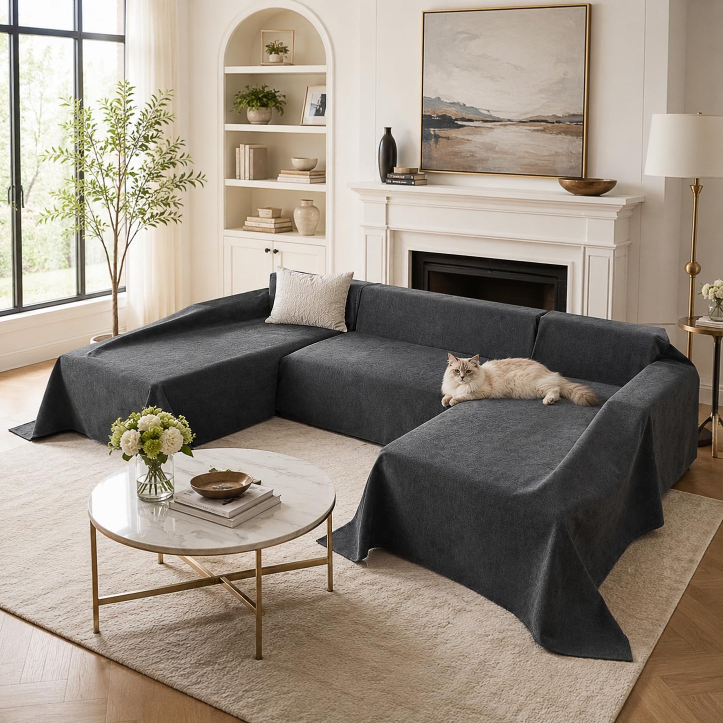 Deep Dream Sectional Couch Covers U Shape, 3 Pieces Waterproof Sofa Cover for Sectional Sofa, Non Slip U Shaped Couch Cover with Chaise Lounge for Dogs Pets, Dark Grey (2PCS 110"x63" + 1PCS 90"x71")