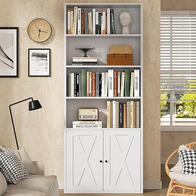 Modern Bookshelf with Doors, Industrial Bookshelves with 6-Tier Shelf, 71