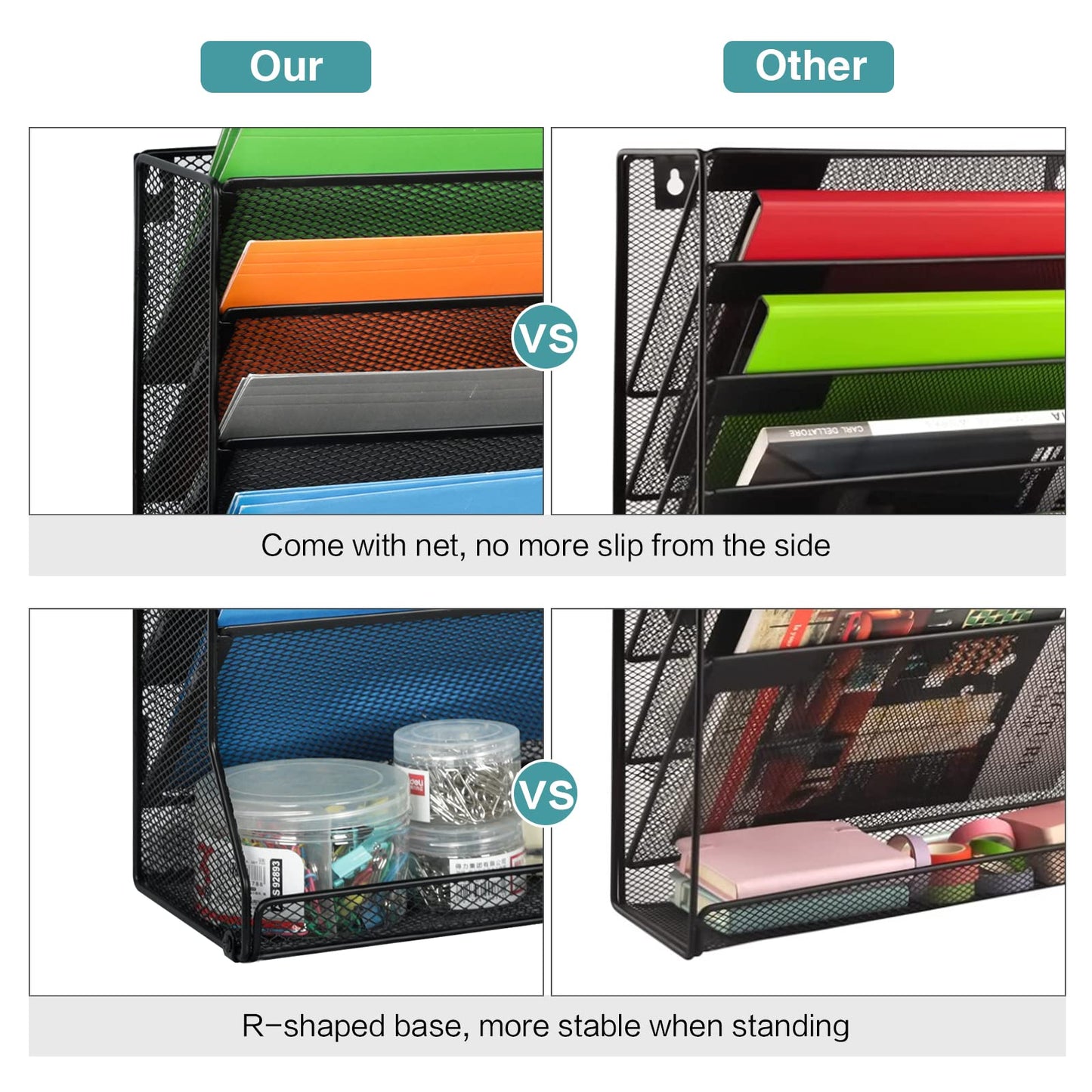 Jakyitvi File Organizer Wall Mounted, 4 Tiers Durable Adjustable Metal Desk Organizer, Desktop Hanging File Holder with 4 Pen Slots Stable, 4 Pull-Out Divider for File, Mail, Black, Patent Pending