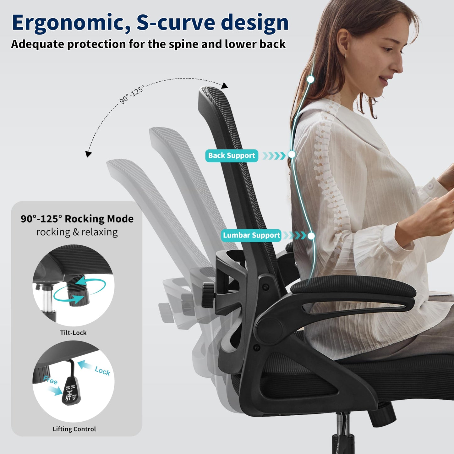 Nexthro Ergonomic Office Chair, Desk Chair with Adjustable Lumbar Support, Breathable Mesh Comfy Computer Chairs with Flip-up Armrests Executive Task Chair for Adults Home Office (4Pcs)