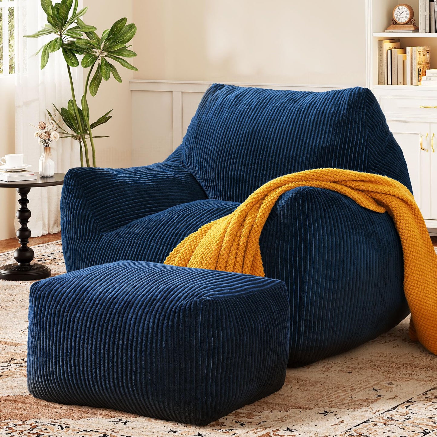 Vellorise Big Bean Bag Chair for Adults, Ultra Soft Living Room Bean Bag with Armrests & Ottoman, Stuffed BeanBag Chair for Napping, Gaming, Vacuum-Compressed for Easy Gifting, 48h to Expand,Navy Blue