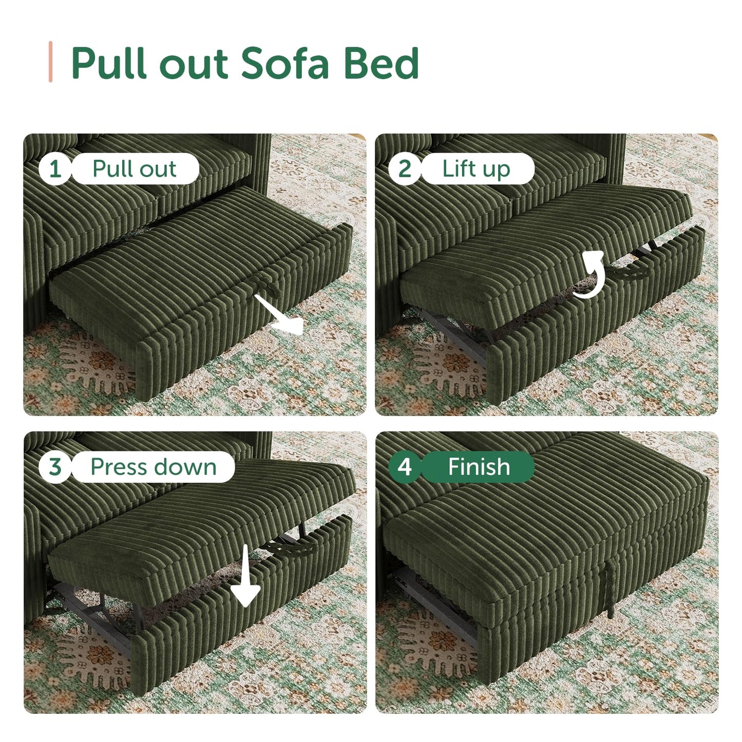 HONBAY Modular Pull Out Sofa Bed,Corduroy Loveseat, Couches for Living Room,Green