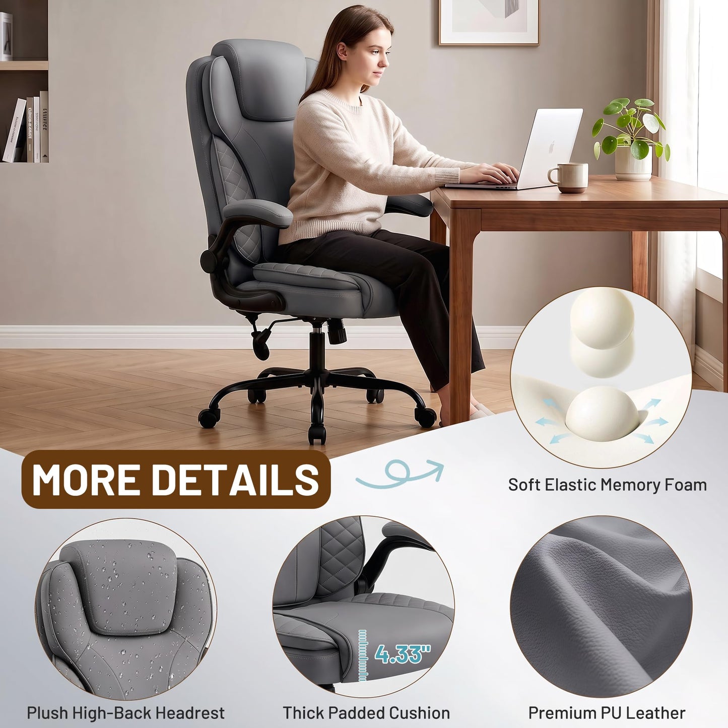 Hayelf Ergonomic Office Chair, PU Leather High Back Executive Chair with Adjustable Inflatable Lumbar Support and Padded Flip-Up Arms, Recline Swivel Task Computer Chair for Home Office, Gray