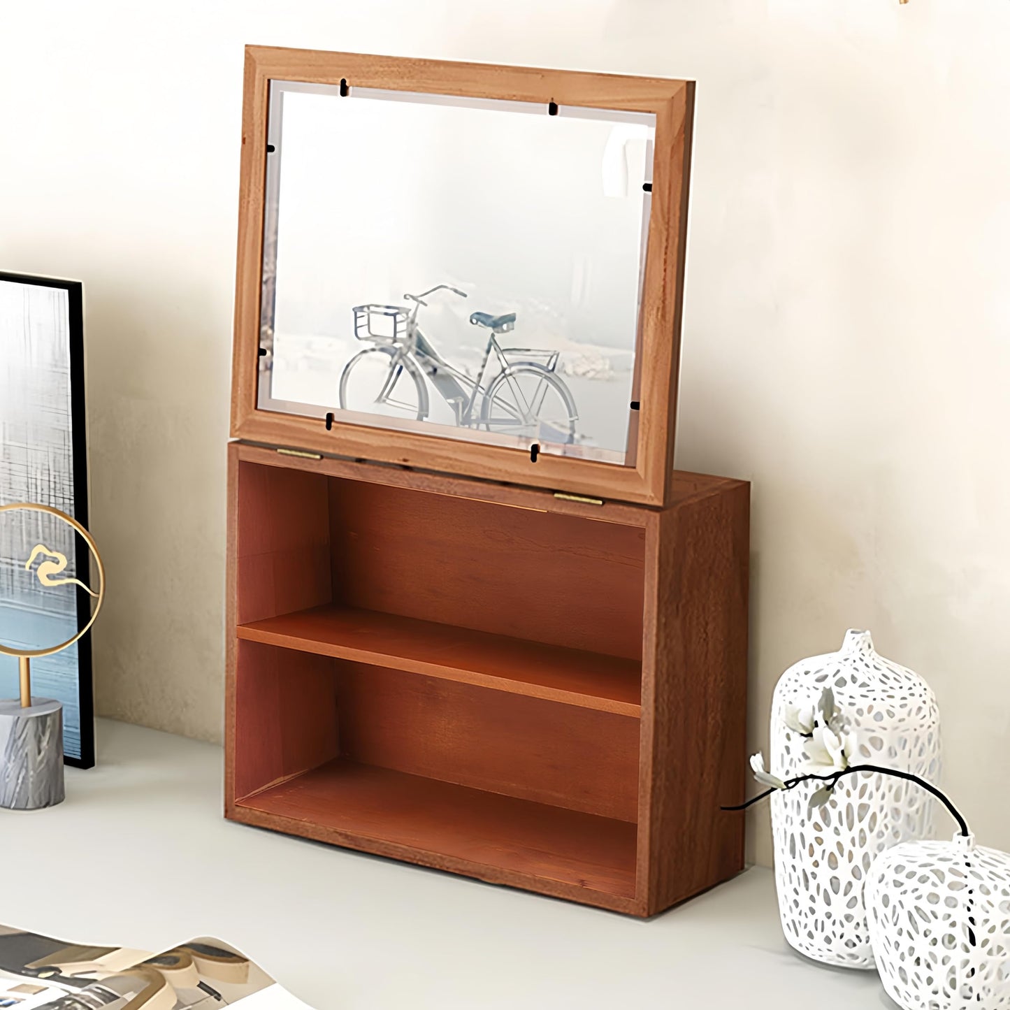 Wooden Display Cabinet with Glass Doors | Freestanding Curio Cabinet for Collectibles & Mini Figures | Desktop Organizer with Display Case for Cosmetics, Jewelry, Pastries & Po p Figures